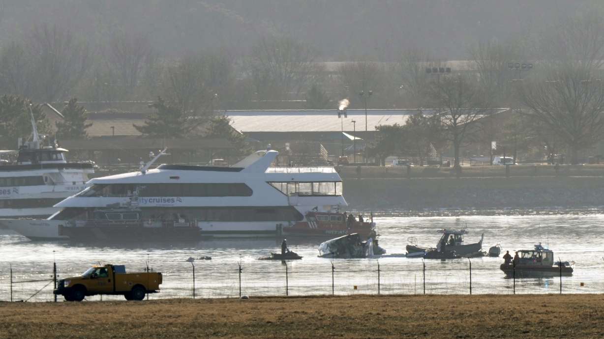 Search and rescue efforts are seen around a wreckage site in the Potomac River from Ronald Reagan Washington National Airport, early Thursday morning, Jan. 30, 2025, in Arlington, Va.