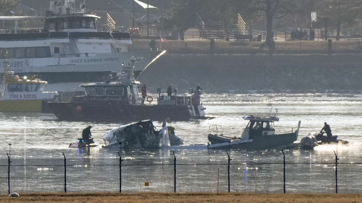 Search and rescue efforts are seen around a wreckage site in the Potomac River from Ronald Reagan Washington National Airport, early Thursday morning, Jan. 30, 2025, in Arlington, Va.