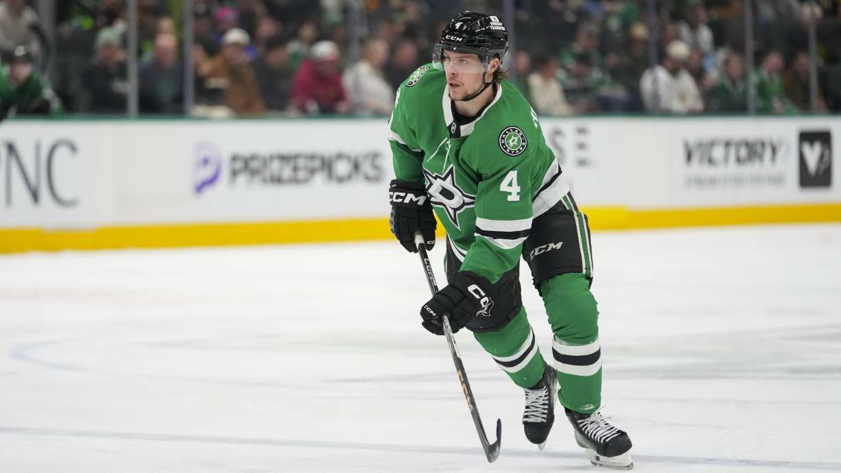 Dallas Stars defenseman Miro Heiskanen skates with the puck against the Vegas Golden Knights during the first period of an NHL game Friday, Jan. 24, 2025, in Dallas.
