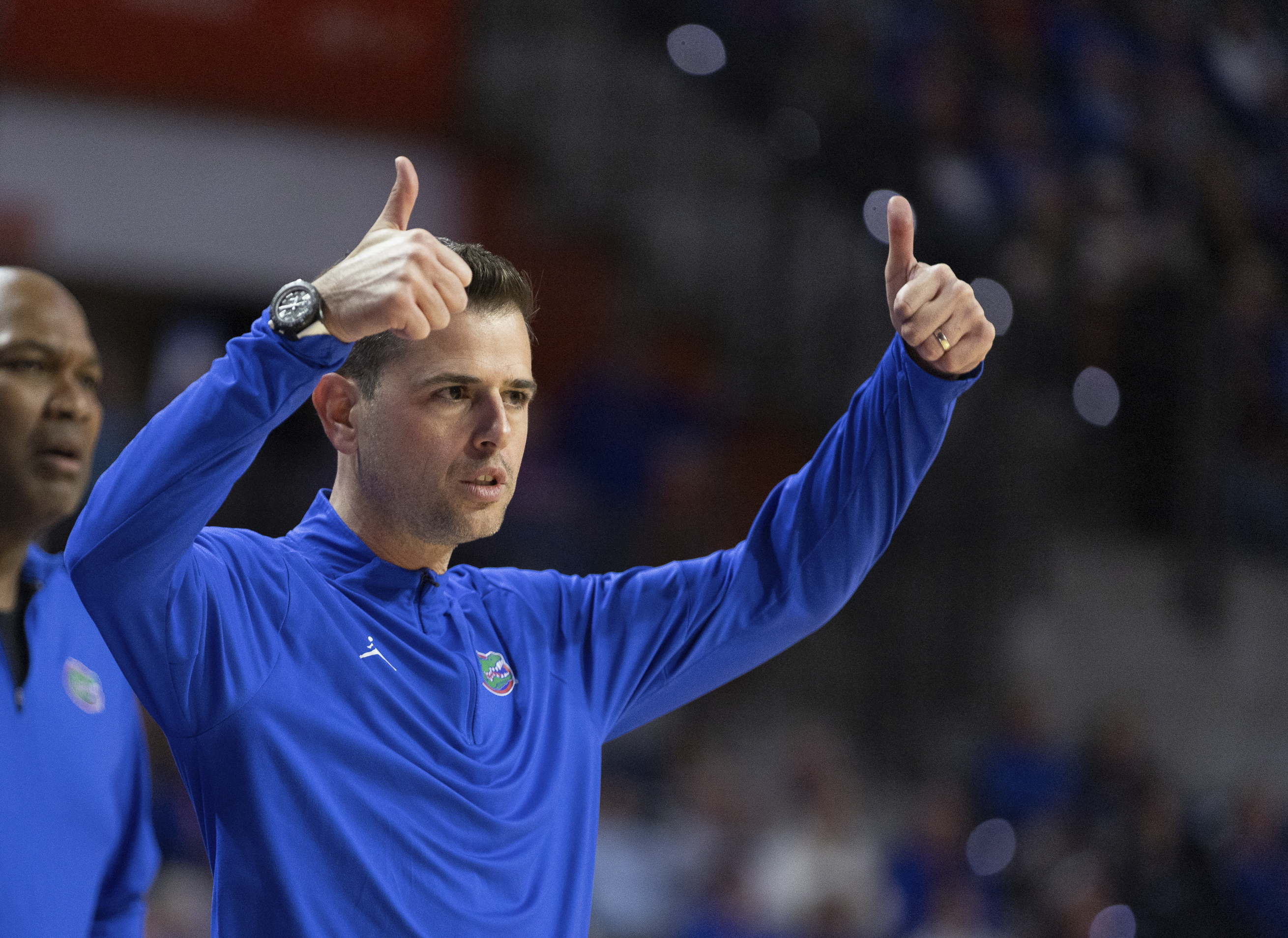 Florida head coach Todd Golden reacts during the first half of an NCAA college basketball game against Tennessee, Tuesday, Jan. 7, 2025, in Gainesville, Fla. 