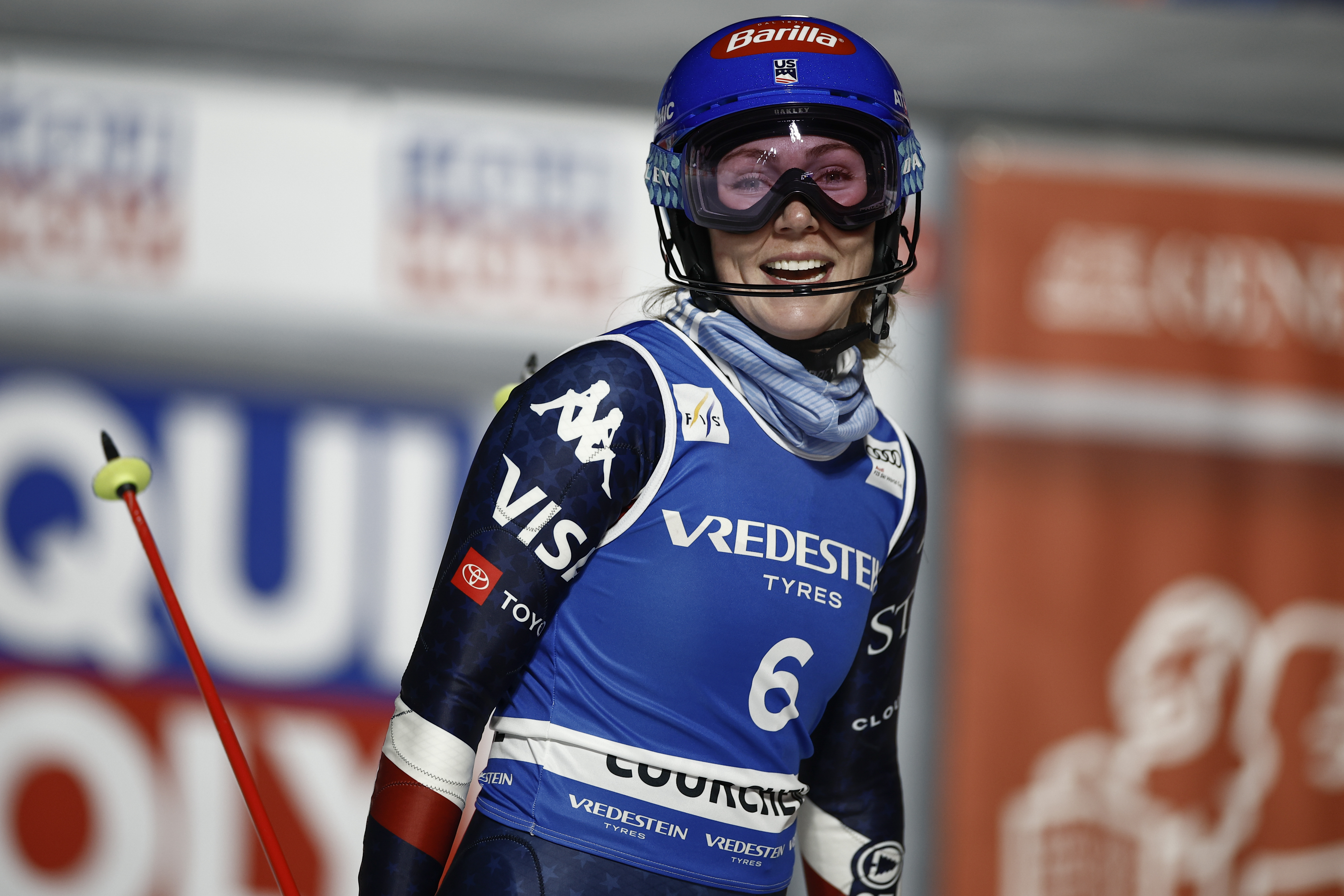 United States' Mikaela Shiffrin gets to the finish area after completing a women's World Cup slalom, in Courchevel, France, Thursday Jan. 30, 2025. 