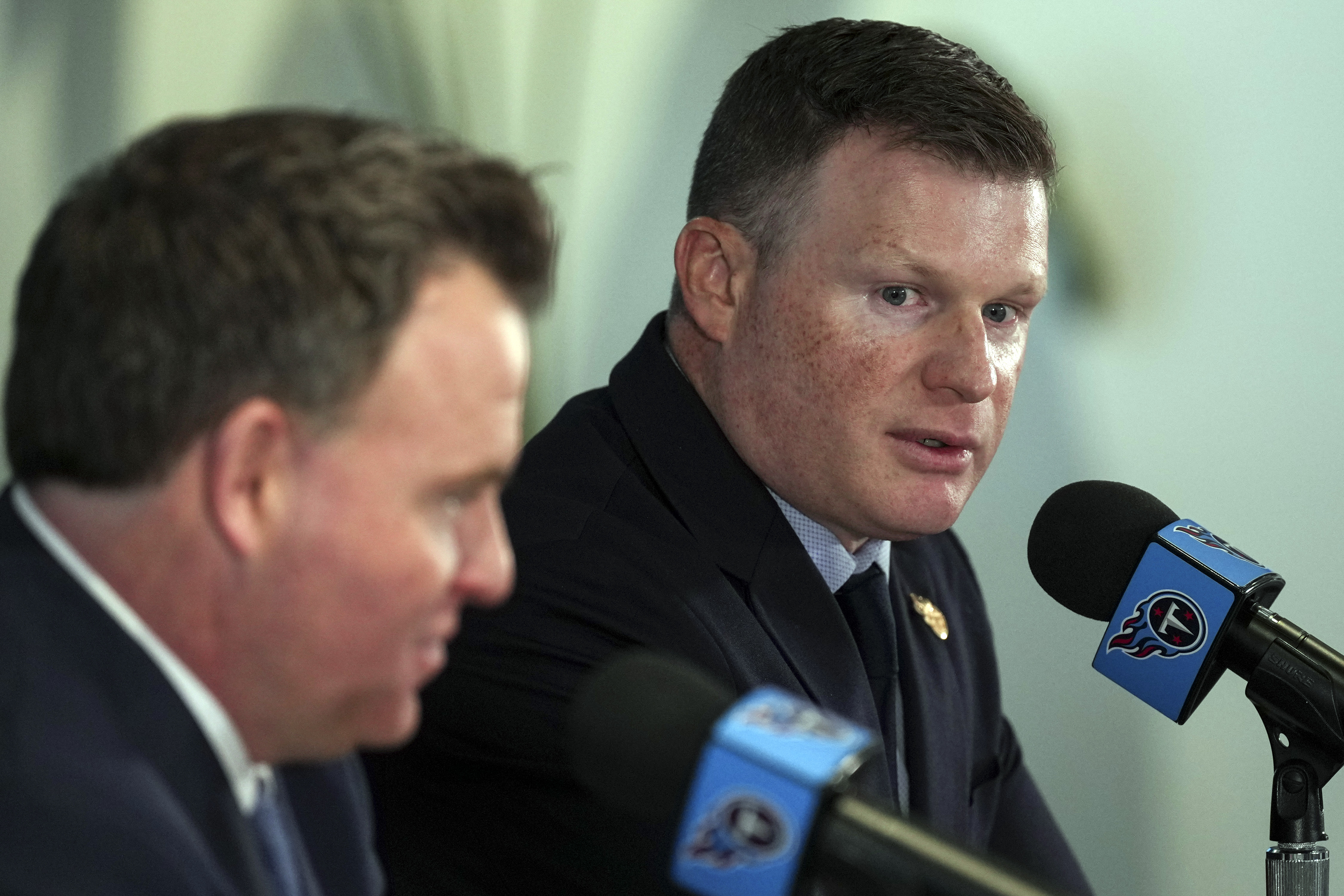 Tennessee Titans President of Football Operations Chad Brinker, right, speaks during a news conference with the team's new general manager Mike Borgonzi, left, at the NFL football team's training facility Wednesday, Jan. 22, 2025, in Nashville, Tenn. 