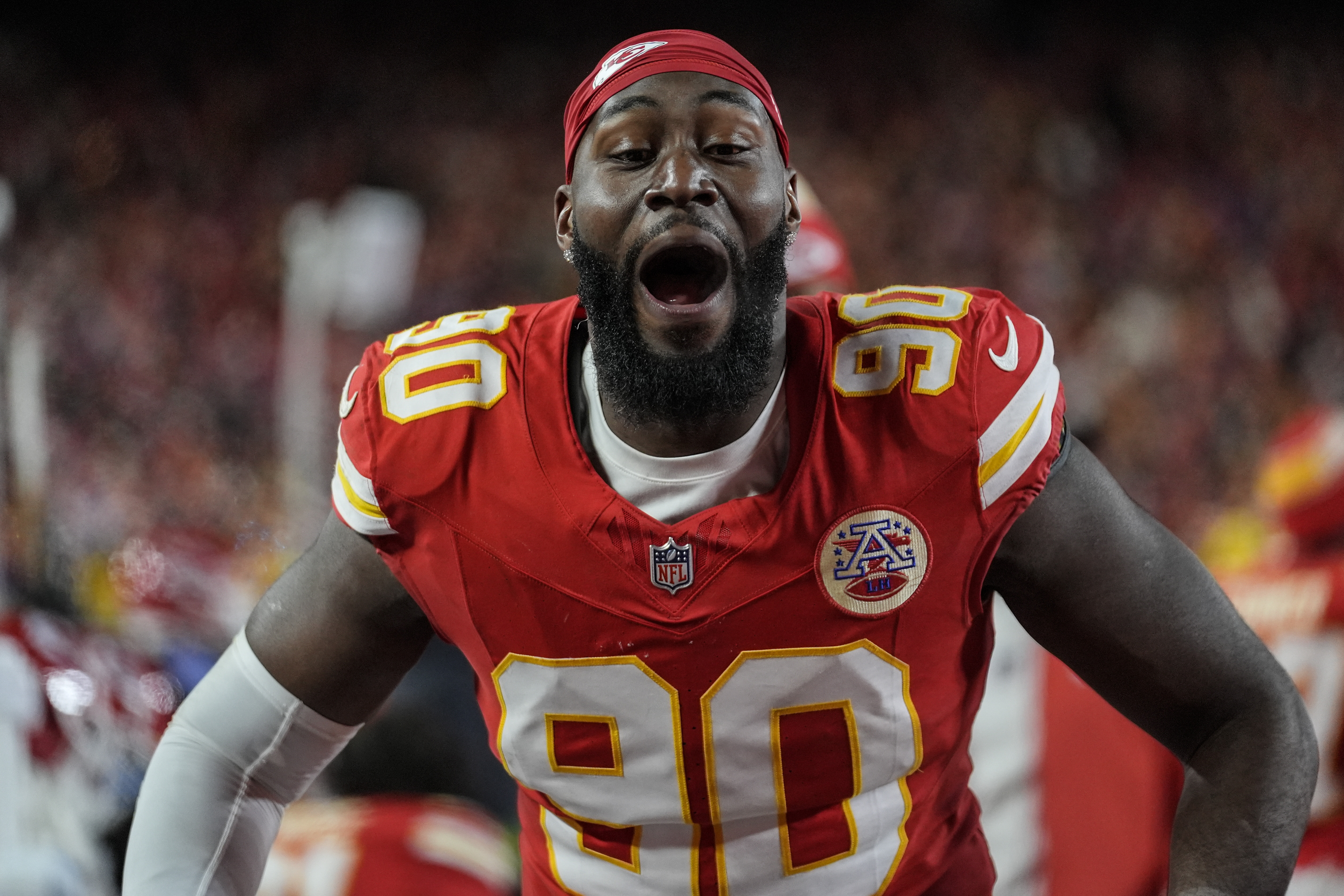 Kansas City Chiefs defensive end Charles Omenihu (90) celebrates after the AFC Championship NFL football game against the Buffalo Bills, Sunday, Jan. 26, 2025, in Kansas City, Mo.