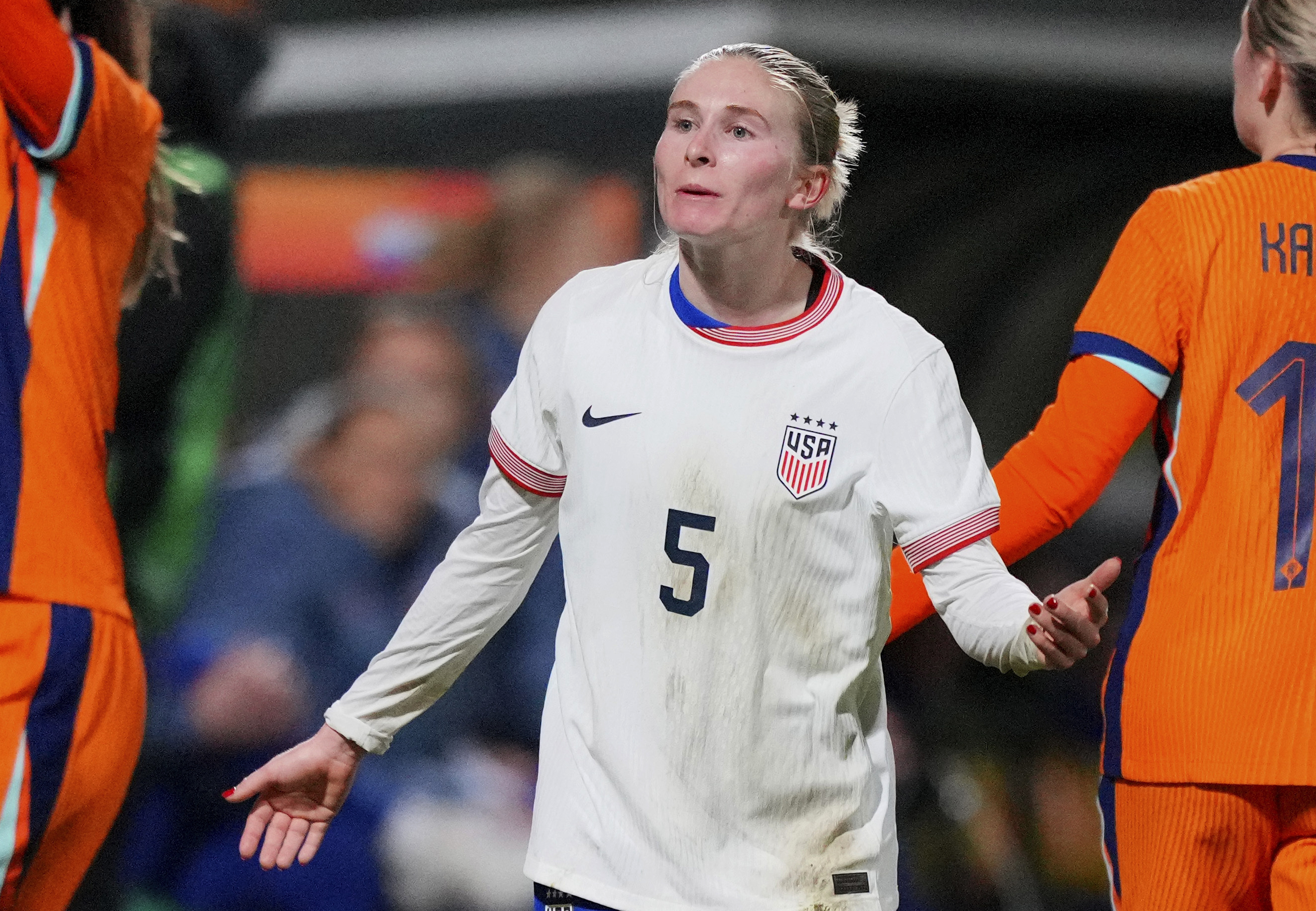 FILE - United States' Jenna Nighswonger reacts during the international friendly women's soccer match between the Netherlands and the United States at the ADO Den Haag Stadium in The Hague, Netherlands, Dec. 3, 2024.