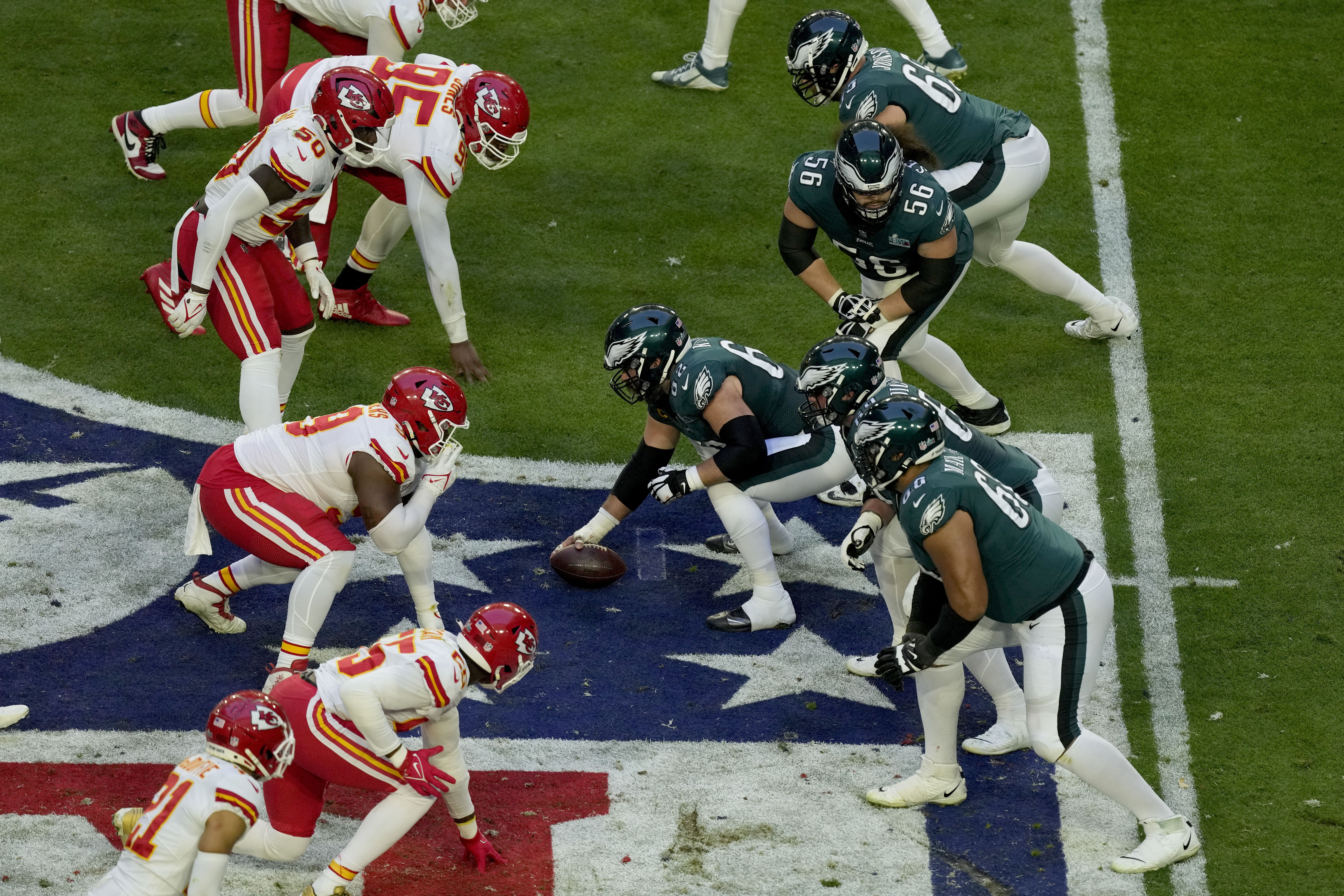 FILE - Philadelphia Eagles center Jason Kelce (62) prepares to snap the ball during the first half of the NFL Super Bowl 57 football game against the Kansas City Chiefs, Sunday, Feb. 12, 2023, in Glendale, Ariz.
