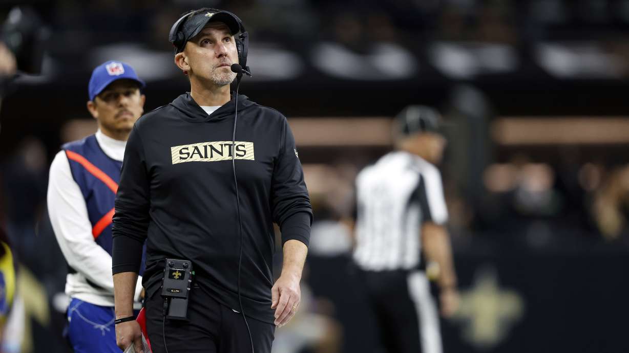 FILE - New Orleans Saints head coach Dennis Allen reacts to a play during an NFL football game against the Denver Broncos, Oct. 17, 2024, in New Orleans.