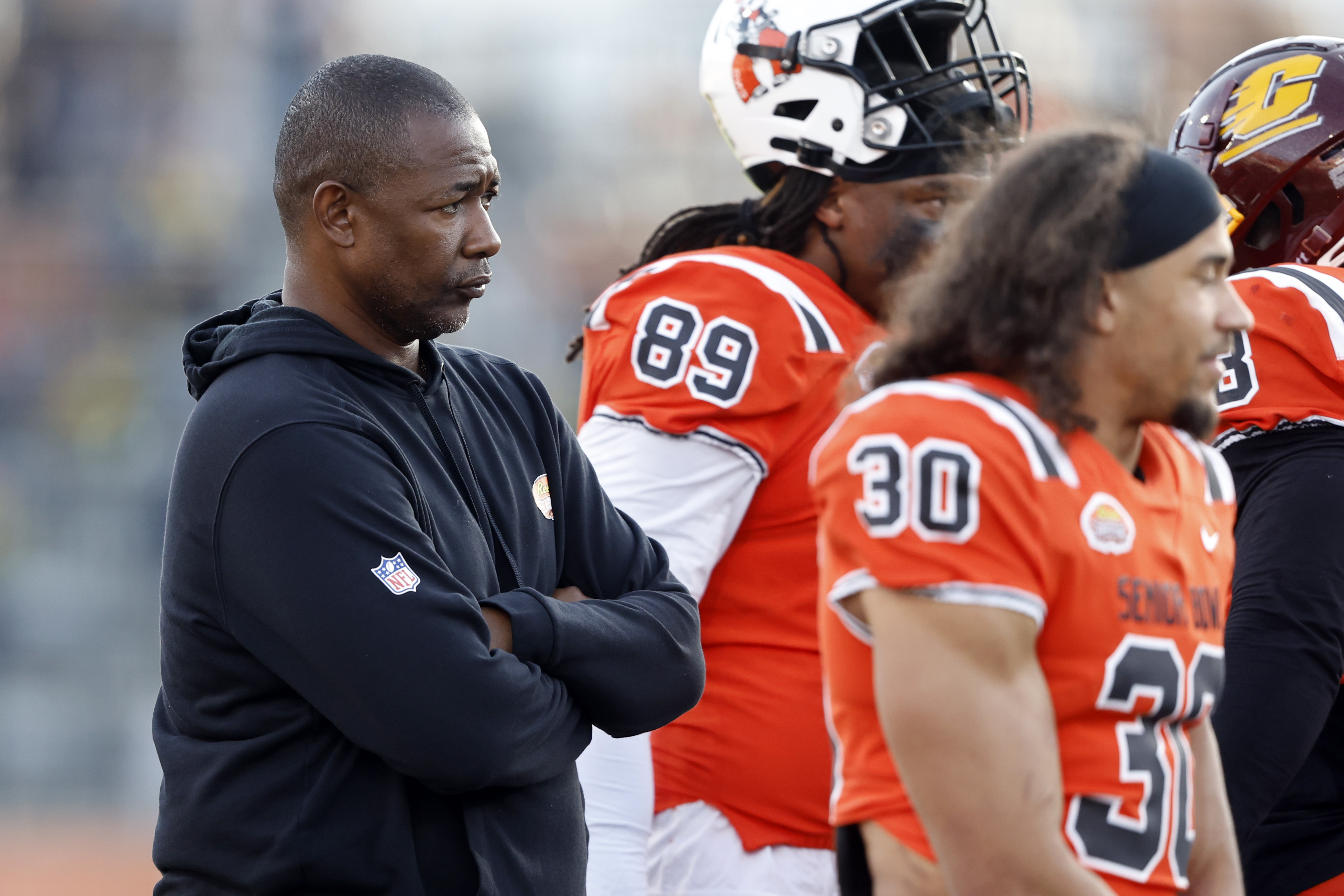 FILE - Las Vegas Raiders Defensive Coordinator Patrick Graham during the first half of the Senior Bowl NCAA college football game Saturday, Feb. 4, 2023, in Mobile, Ala. 