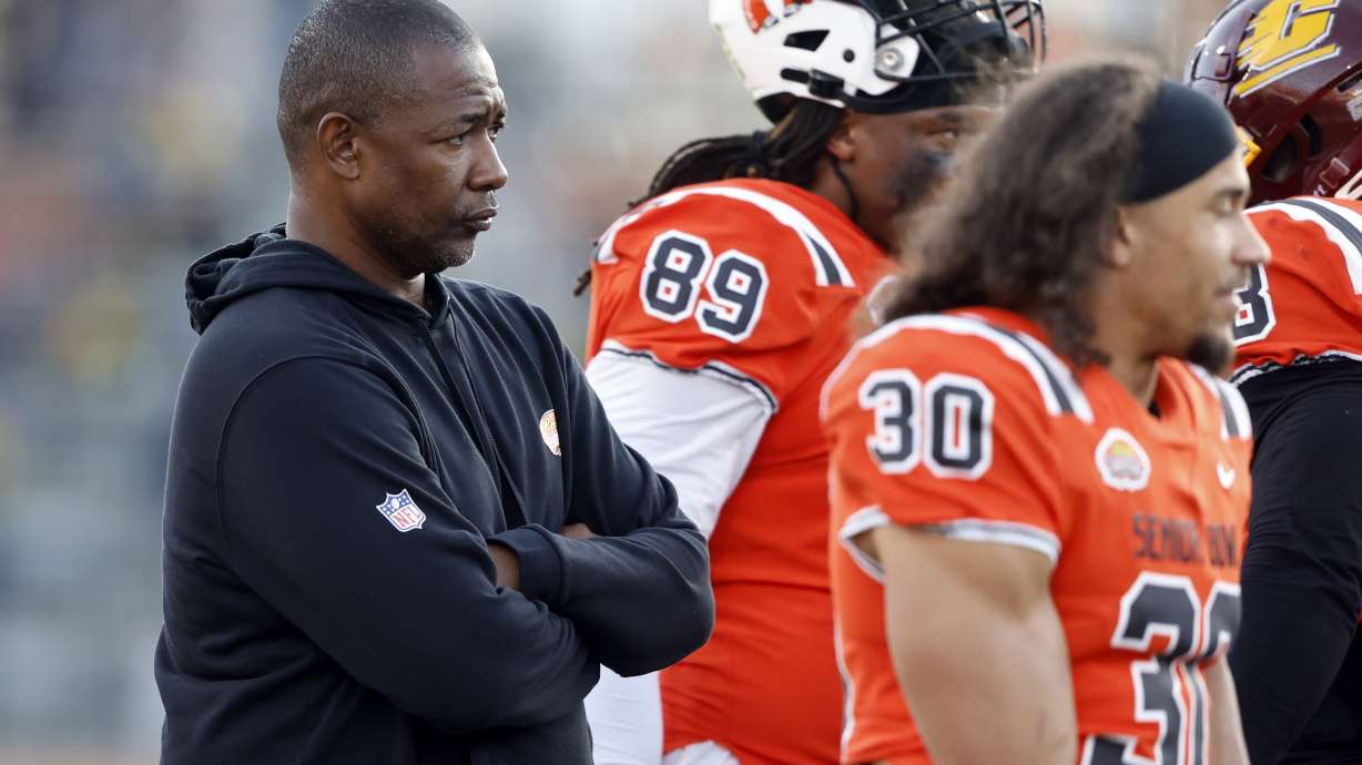 FILE - Las Vegas Raiders Defensive Coordinator Patrick Graham during the first half of the Senior Bowl NCAA college football game Saturday, Feb. 4, 2023, in Mobile, Ala.
