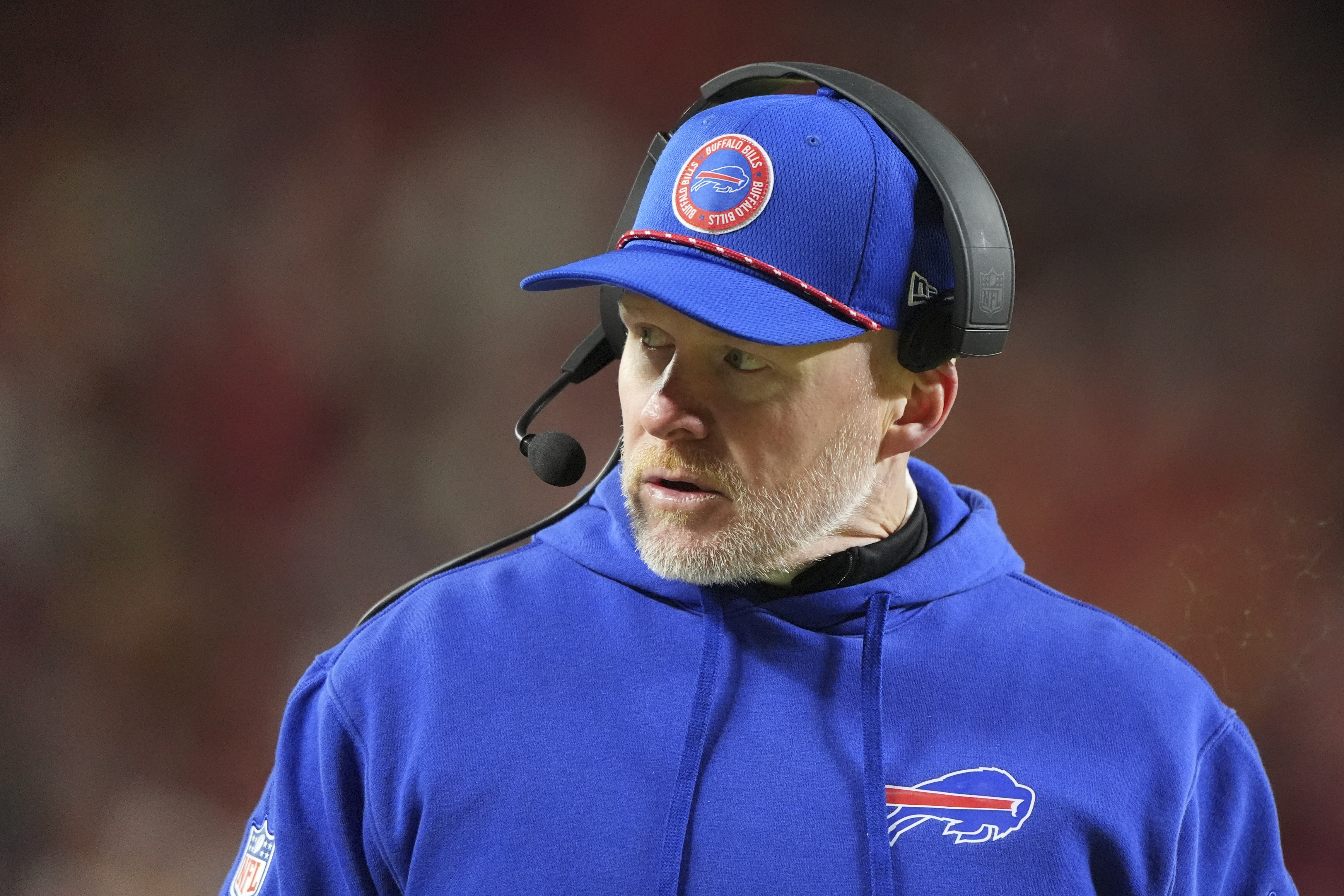 Buffalo Bills head coach Sean McDermott watches from the sidelines during the first half of the AFC Championship NFL football game against the Kansas City Chiefs, Sunday, Jan. 26, 2025, in Kansas City, Mo. 