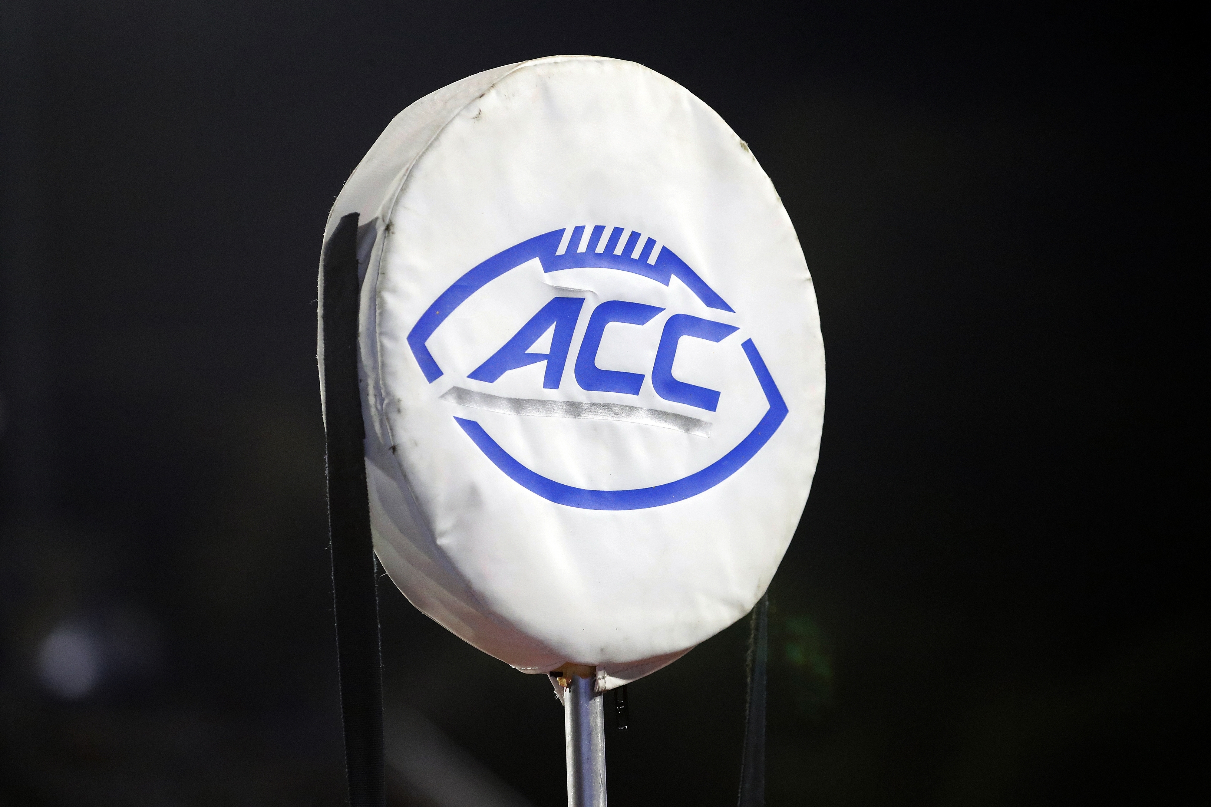 FILE - The ACC logo sits atop the chain marker during the second half of an NCAA college football game between Duke and North Carolina A&T in Durham, N.C., Saturday, Sept. 7, 2019. 