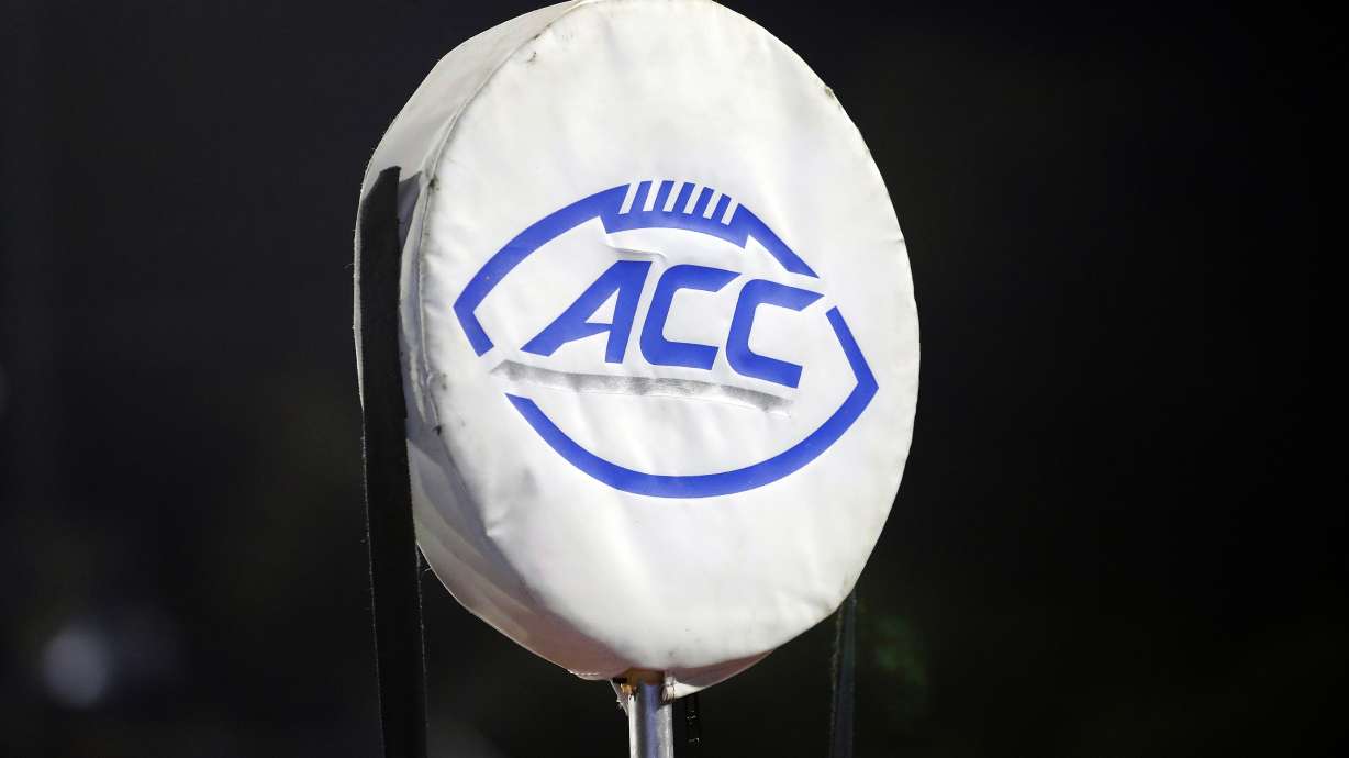 FILE - The ACC logo sits atop the chain marker during the second half of an NCAA college football game between Duke and North Carolina A&T in Durham, N.C., Saturday, Sept. 7, 2019.