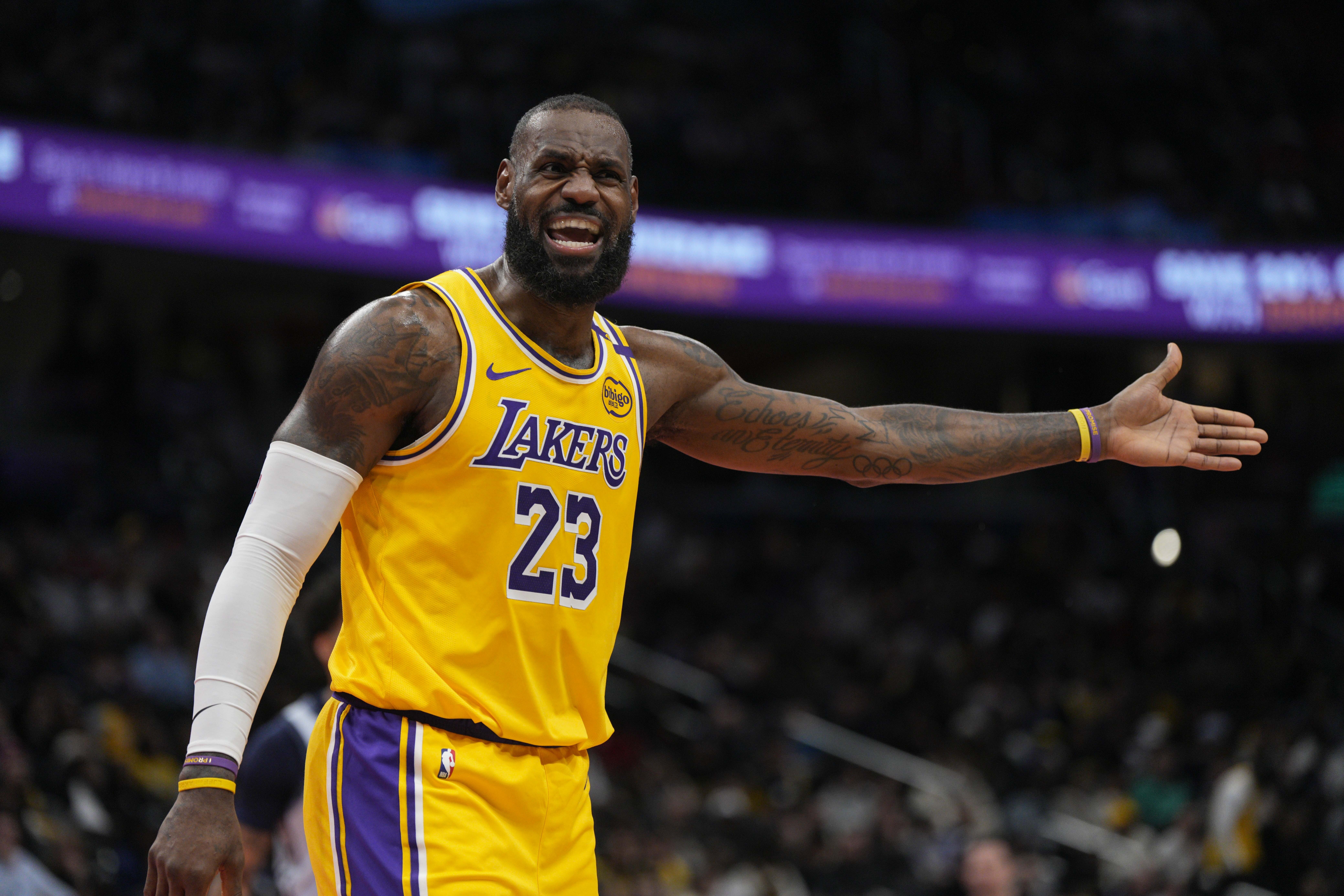 Los Angeles Lakers forward LeBron James reacts after a foul call during the first half of an NBA basketball game against the Washington Wizards, Thursday, Jan. 30, 2025, in Washington. 