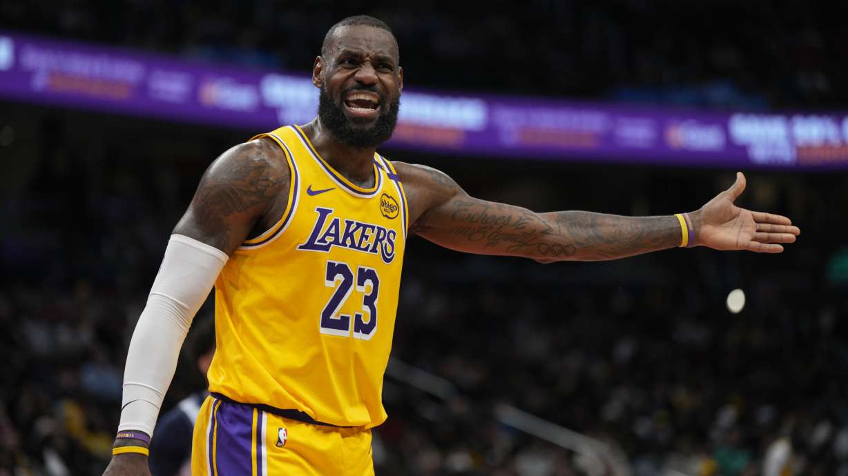 Los Angeles Lakers forward LeBron James reacts after a foul call during the first half of an NBA basketball game against the Washington Wizards, Thursday, Jan. 30, 2025, in Washington.