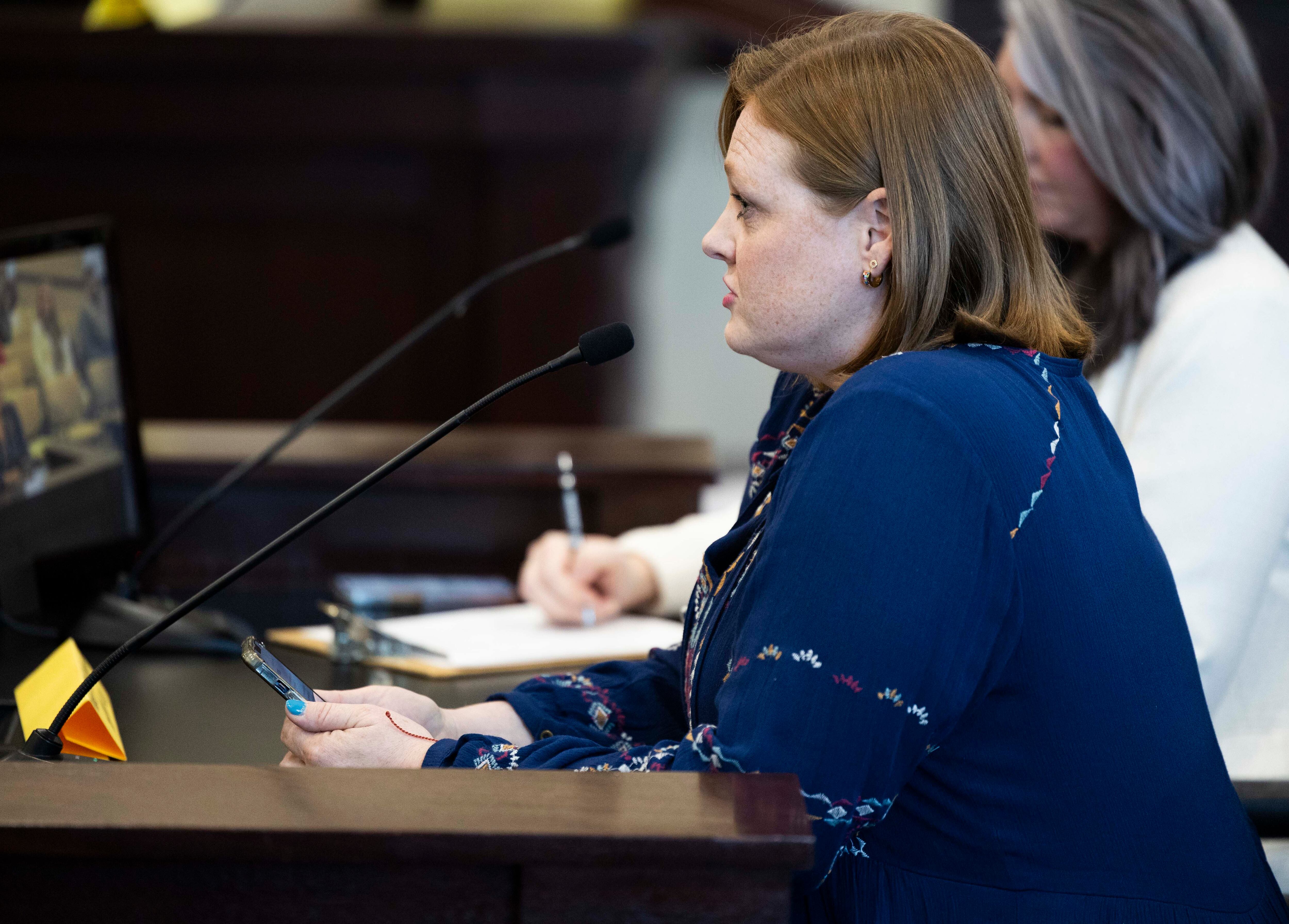 Mackenzie Robertson, the mother of Marcie Robertson, a transgender resident assistant at Utah State University, speaks during a hearing on HB269, which pertains to privacy protections in sex-designated areas, in the Senate Education standing committee in Salt Lake City on Thursday.