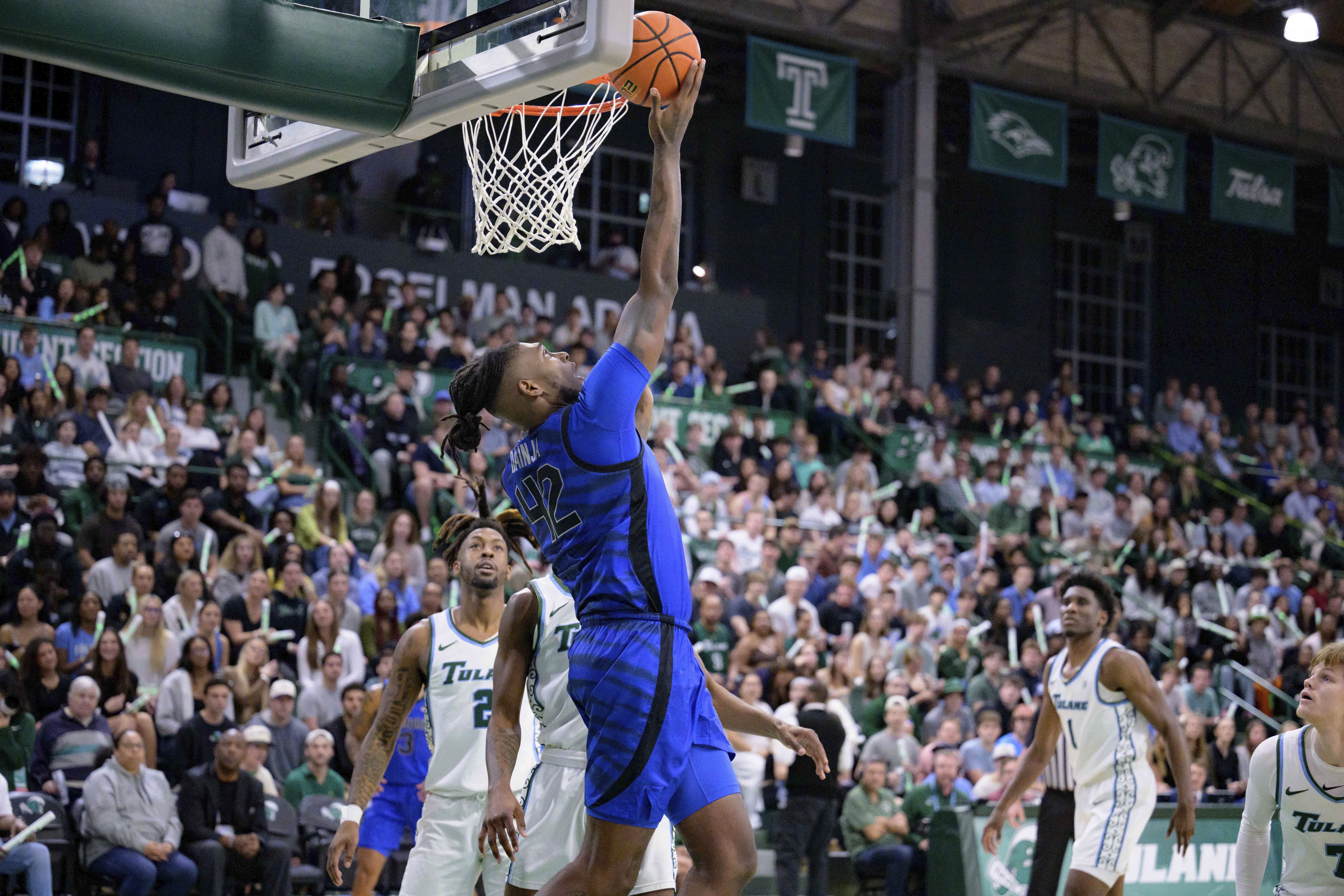 Memphis forward Dain Dainja (42) shoots against Tulane during the first half of an NCAA college basketball game in New Orleans, Thursday, Jan. 30, 2025. 