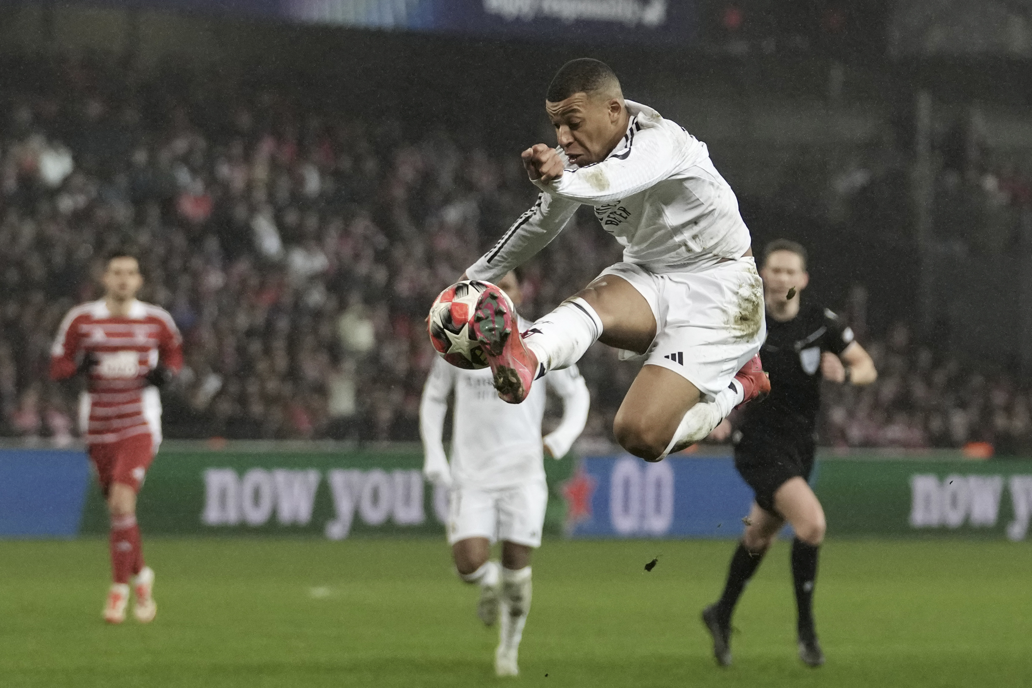 Real Madrid's Kylian Mbappe controls the ball during the Champions League opening phase soccer match between Brest and Real Madrid at Roudourou stadium in Guingamp, France, Wednesday, Jan. 29, 2025. 
