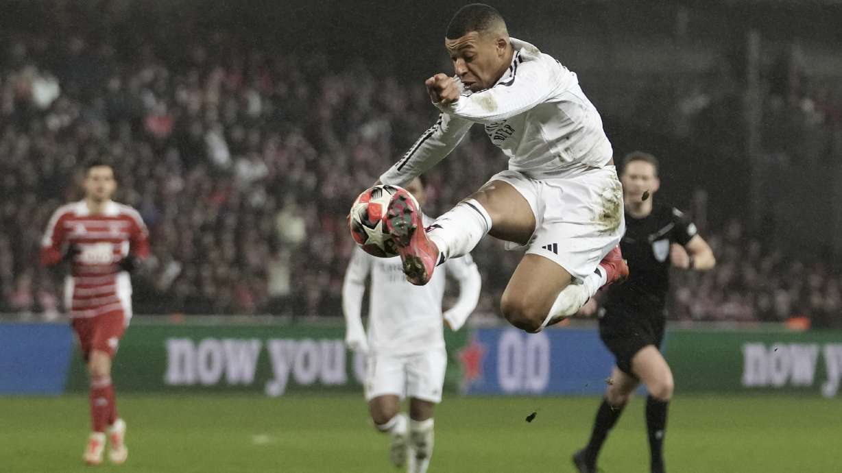 Real Madrid's Kylian Mbappe controls the ball during the Champions League opening phase soccer match between Brest and Real Madrid at Roudourou stadium in Guingamp, France, Wednesday, Jan. 29, 2025.