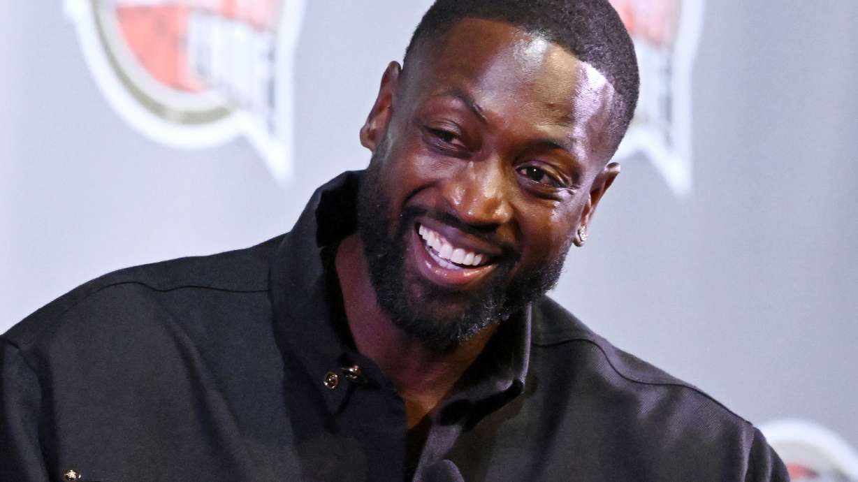 FILE - Basketball Hall of Fame Class of 2023 inductee Dwyane Wade speaks at an NBA news conference at Mohegan Sun, Friday, Aug. 11, 2023, in Uncasville, Conn.