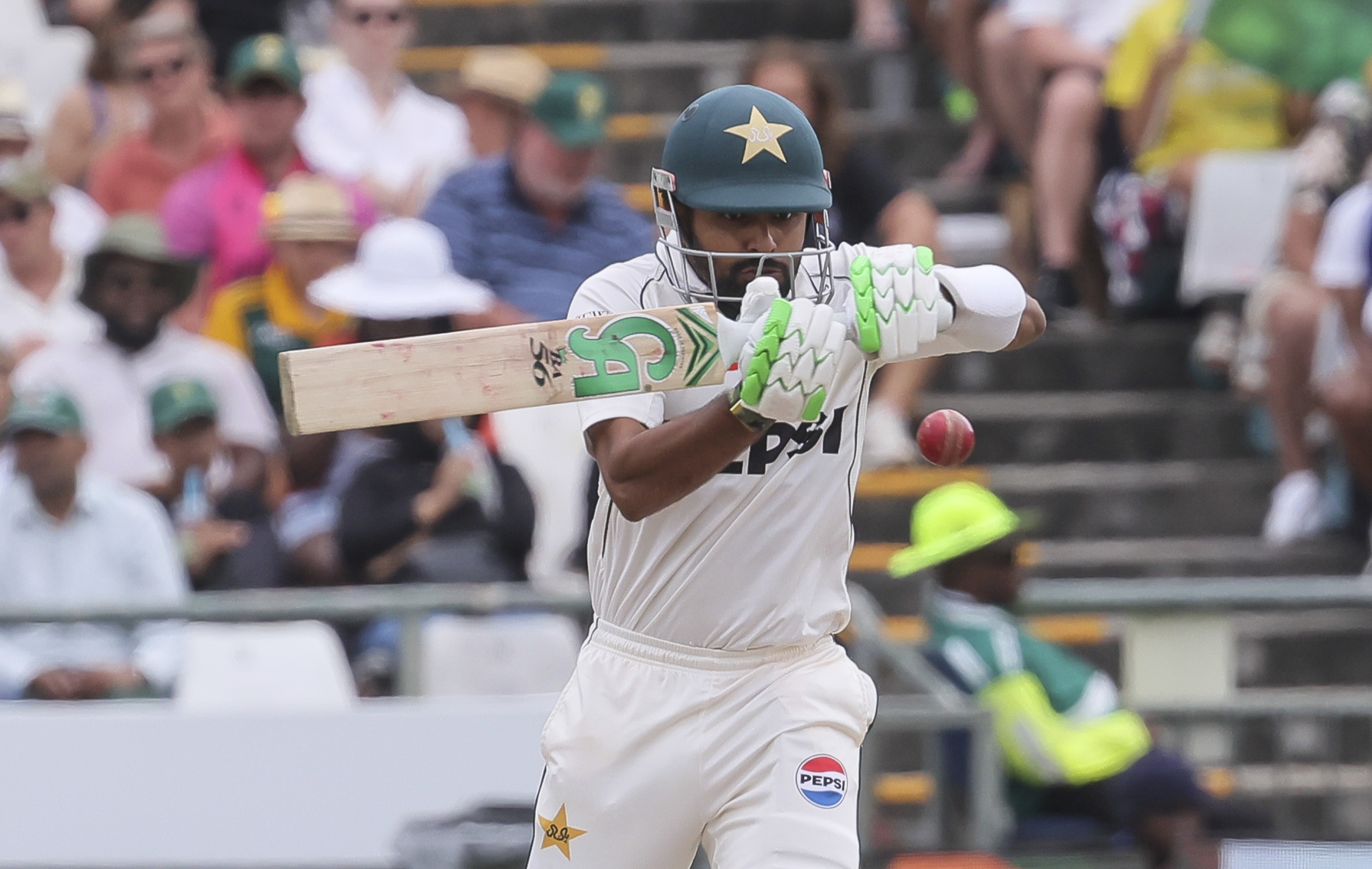 Pakistan's Babar Azam bats during the third day of the second test cricket match between South Africa and Pakistan, in Cape Town, South Africa, Sunday, Jan. 5, 2025. 