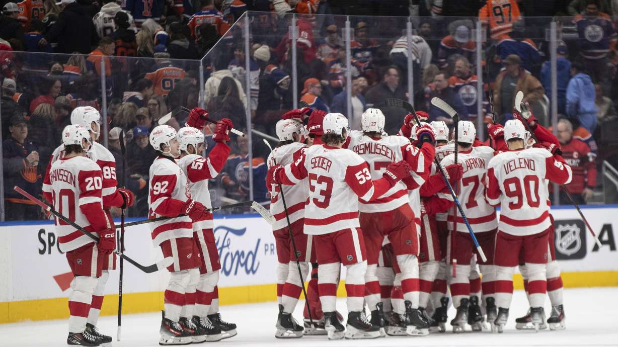 Detroit Red Wings celebrate their shootout win over the Edmonton Oilers following NHL action in Edmonton, Alberta, Thursday, Jan. 30, 2025.