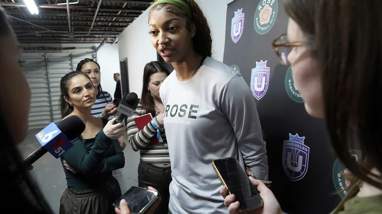 Rose player Angel Reese speaks following a practice session, Thursday, Jan. 16, 2025, in Medley, Fla., as the new 3-on-3 women's basketball league Unrivaled tips off this weekend.