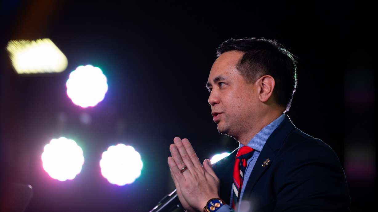 Utah Attorney General Sean Reyes speaks at the Salt Palace Convention Center on April 27, 2024. A new legislative audit says he withheld, modified and hid information from the public and auditors relating to his schedule, travel and more.