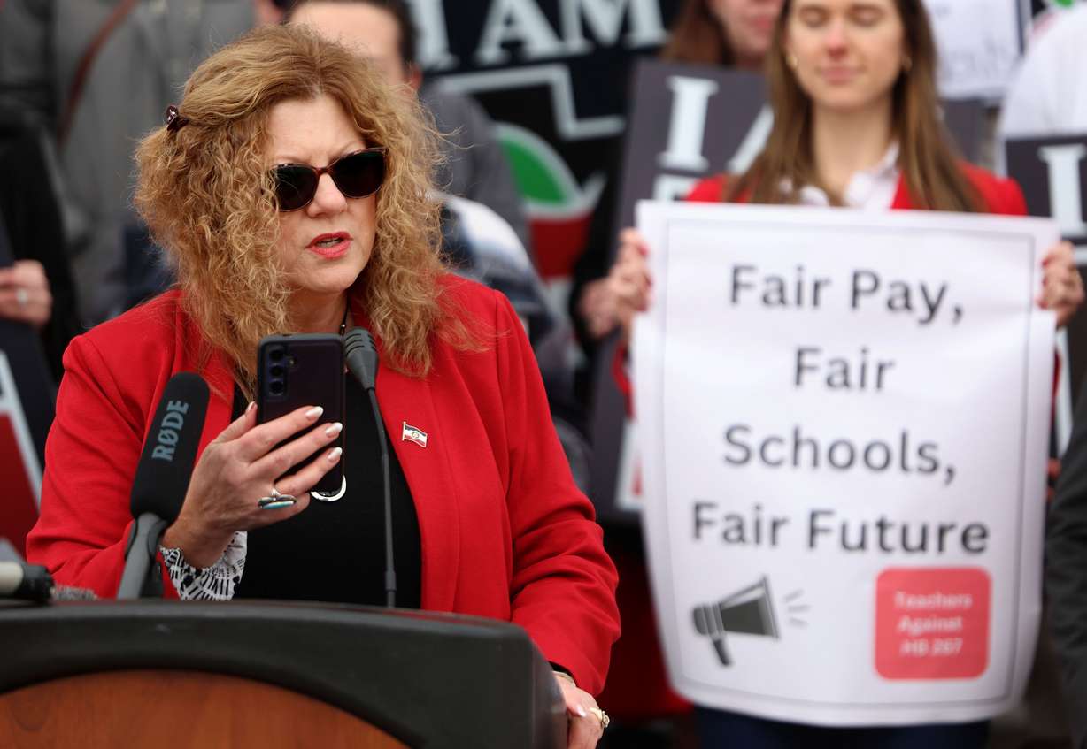 UEA President Renée Pinkney speaks as educators and union members gather in opposition to HB267 at the state Capitol in Salt Lake City on Friday.