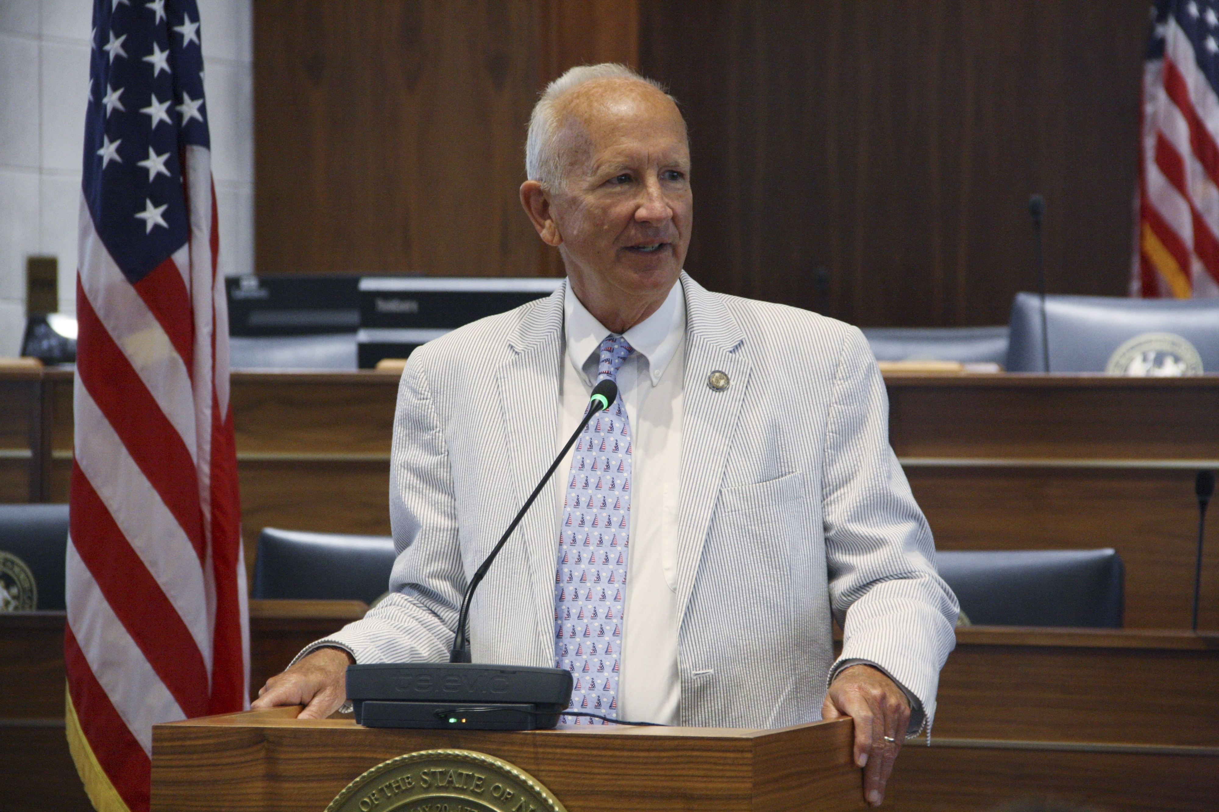 FILE - North Carolina Supreme Court Chief Justice Paul Newby addresses the audience at the North Carolina Medal of Valor Ceremony at the Legislative Building in Raleigh, N.C., on Wednesday, July 10, 2024. 