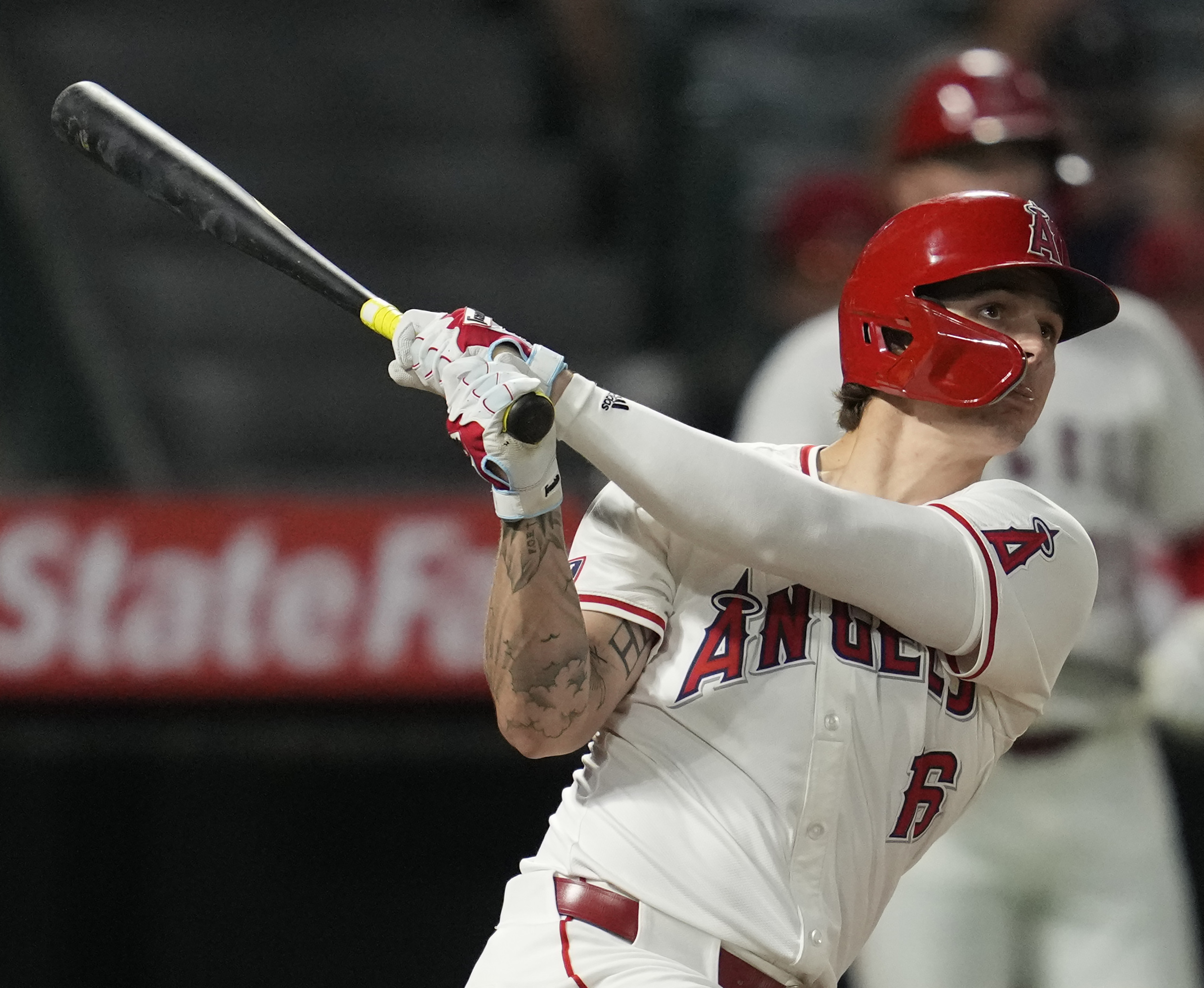 FILE - Los Angeles Angels' Mickey Moniak watches his walkoff home run during the ninth inning of a baseball game against the Seattle Mariners in Anaheim, Calif., Aug. 31, 2024. 