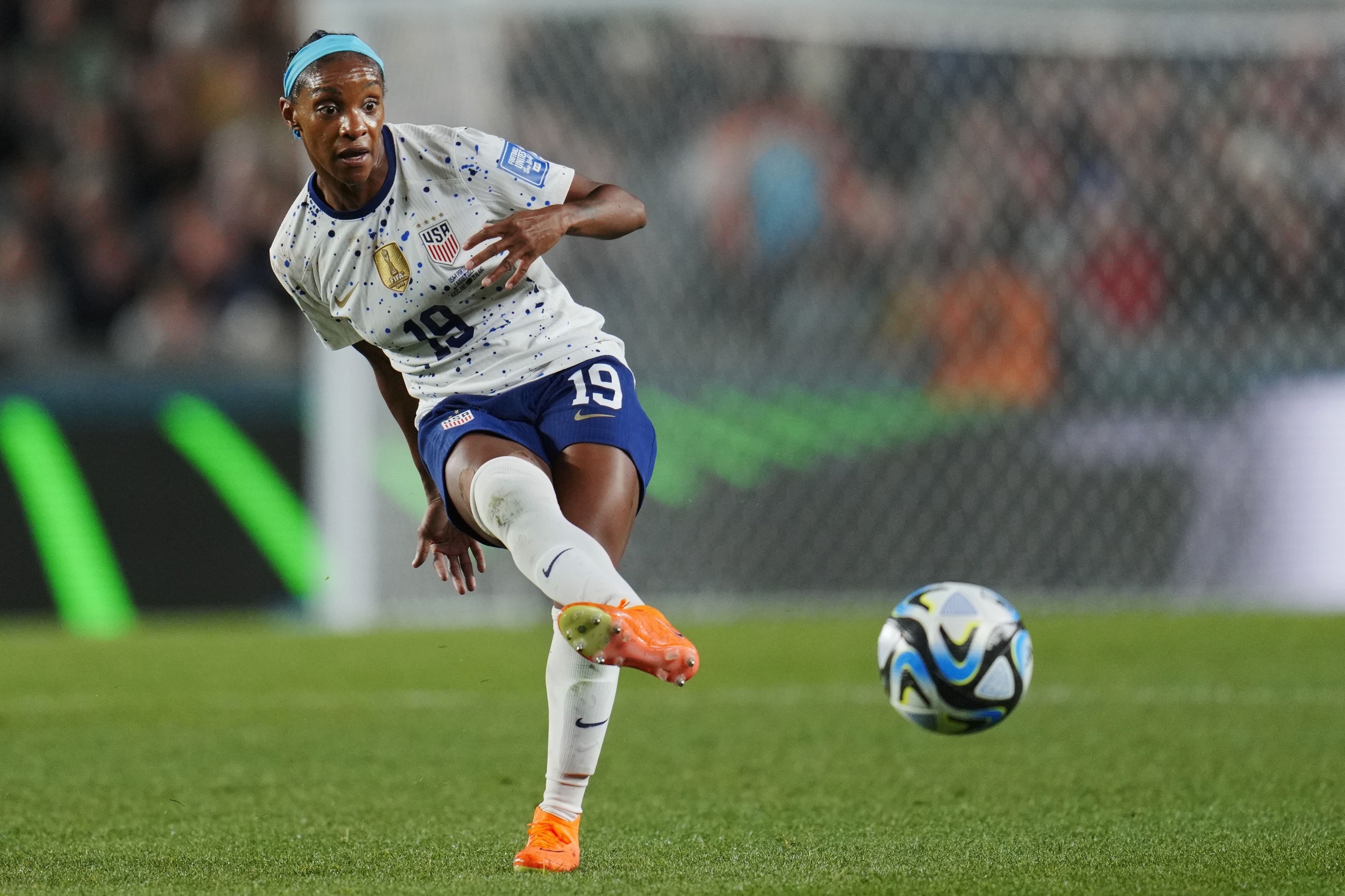 FILE - United States' Crystal Dunn passes during the first half of the FIFA Women's World Cup Group E soccer match between Portugal and the United States at Eden Park in Auckland, New Zealand, Aug. 1, 2023. 