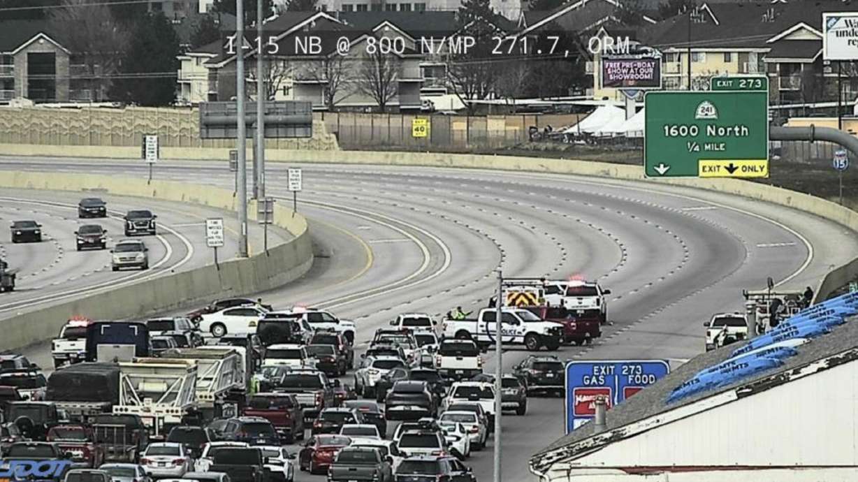 Cars are backed up on I-15 in Orem due to a multi-vehicle crash Friday afternoon.