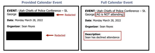 A screenshot of a redacted calendar event provided to auditors by the Utah Attorney General's Office, beside the original version of the event from an independent source.