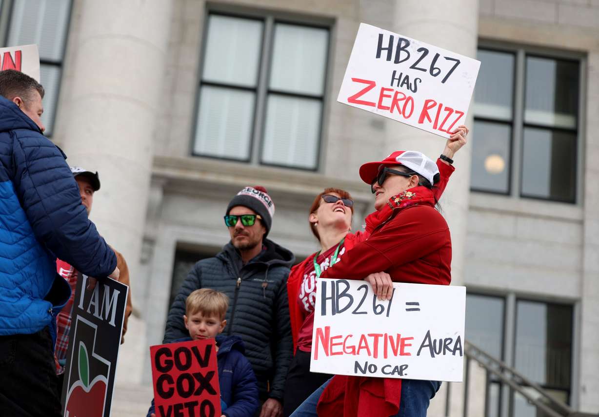 Shannon Herbert, Clayton Middle School language arts and history teacher, looks up at her sign as other educators and union members gather in opposition to HB267, Public Sector Labor Union Amendments, at the Capitol in Salt Lake City on Friday.