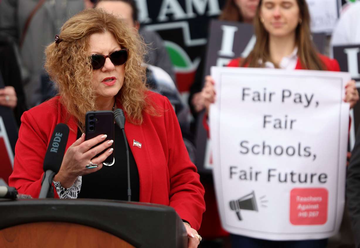 UEA President Renée Pinkney speaks as educators and union members gather in opposition to HB267, Public Sector Labor Union Amendments, at the Capitol in Salt Lake City on Friday.