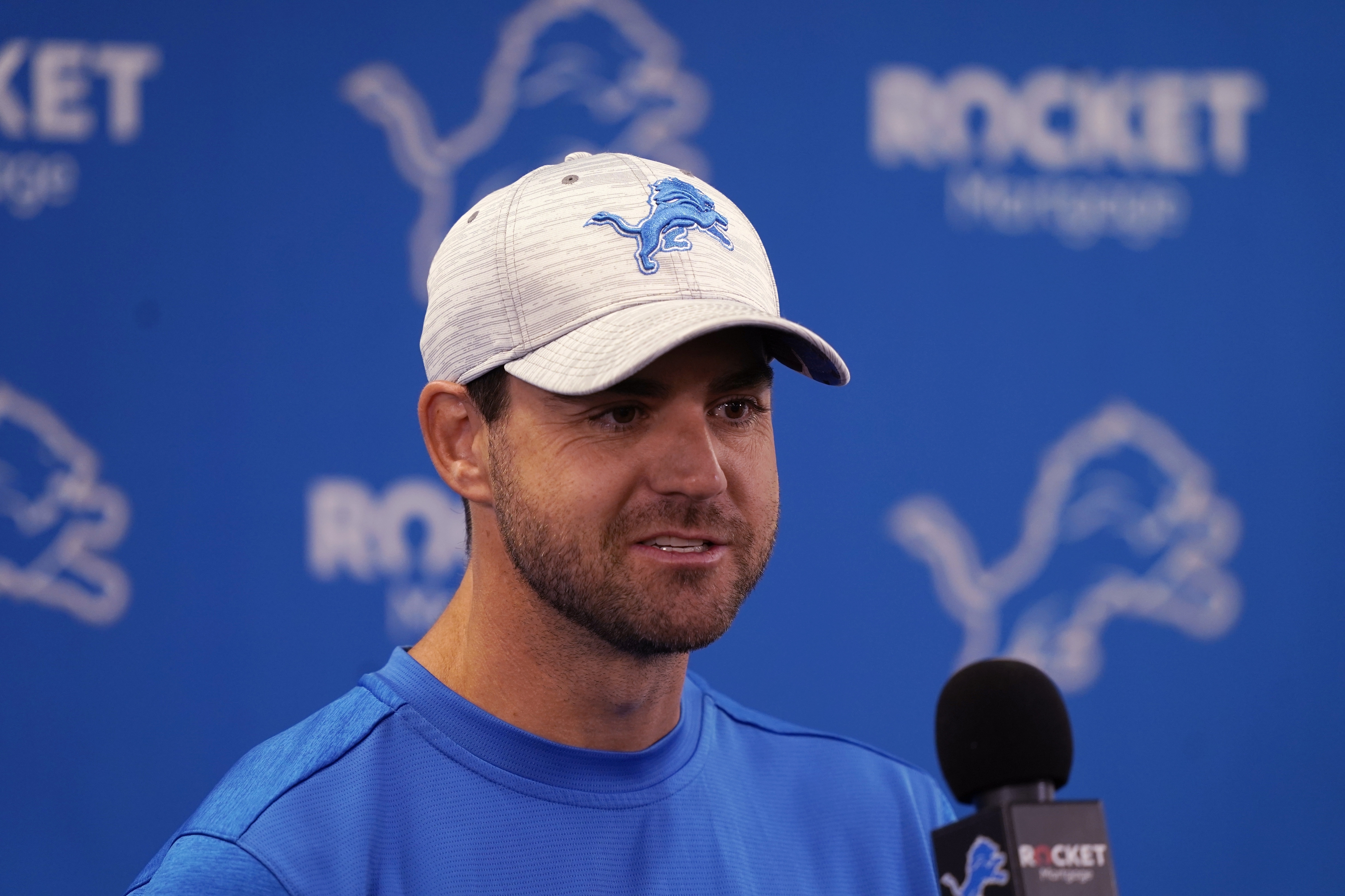 FILE - Detroit Lions tight ends coach Tanner Engstrand addresses the media at the Lions NFL football practice facility, Monday, Aug. 15, 2022, in Allen Park, Mich.