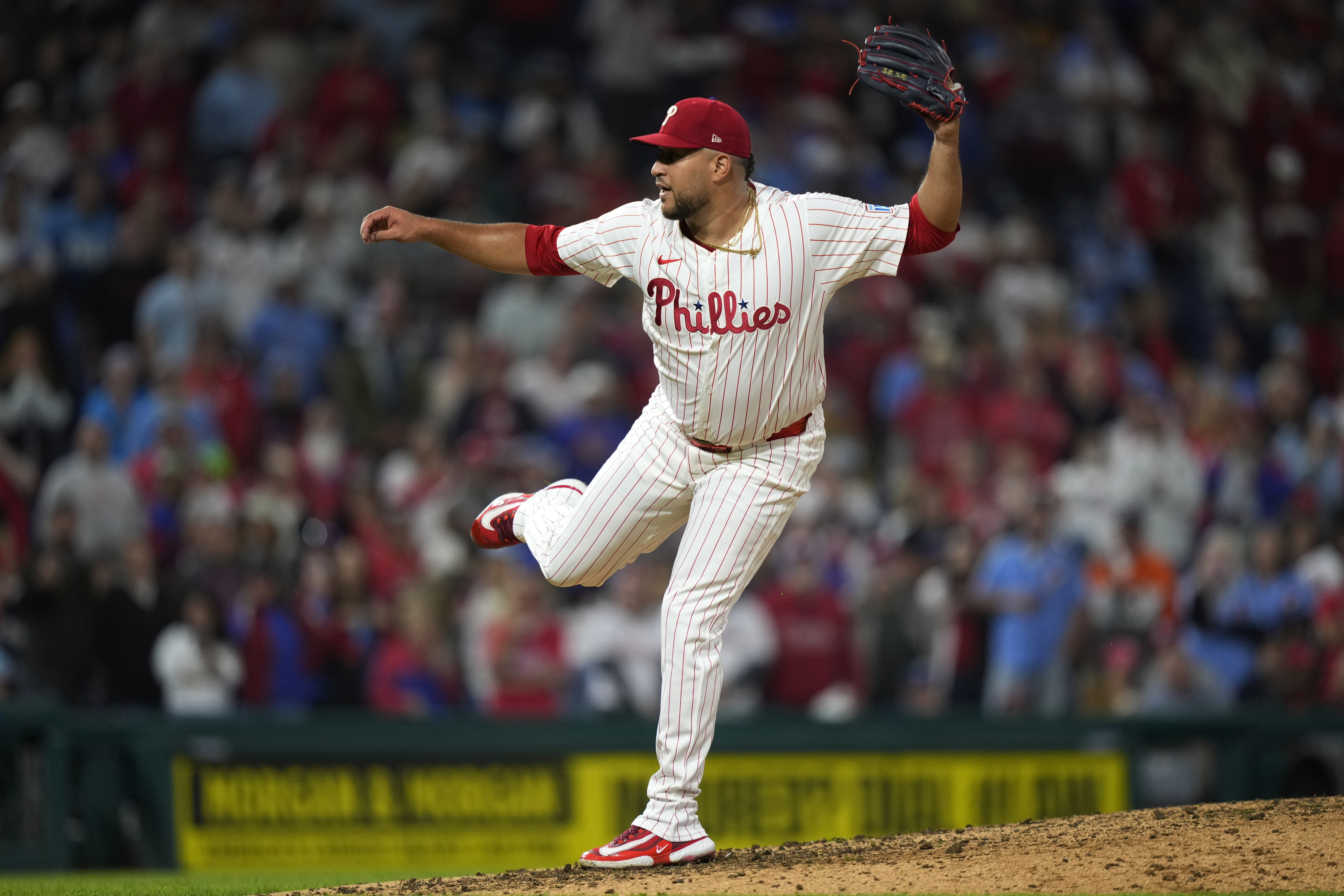 FILE - Philadelphia Phillies' Carlos Estévez stands during a baseball game, Sept. 25, 2024, in Philadelphia. 