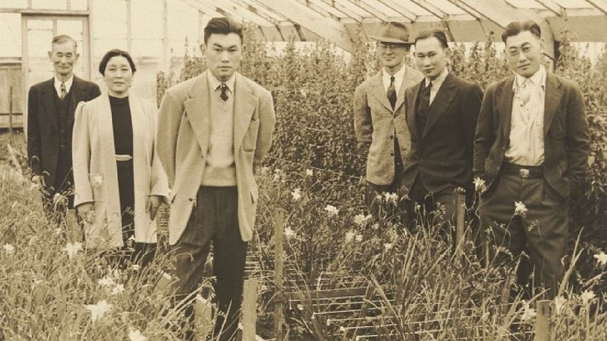 Fred Korematsu, center left, with family at a family-owned nursery in Oakland, California, in an undated photo.