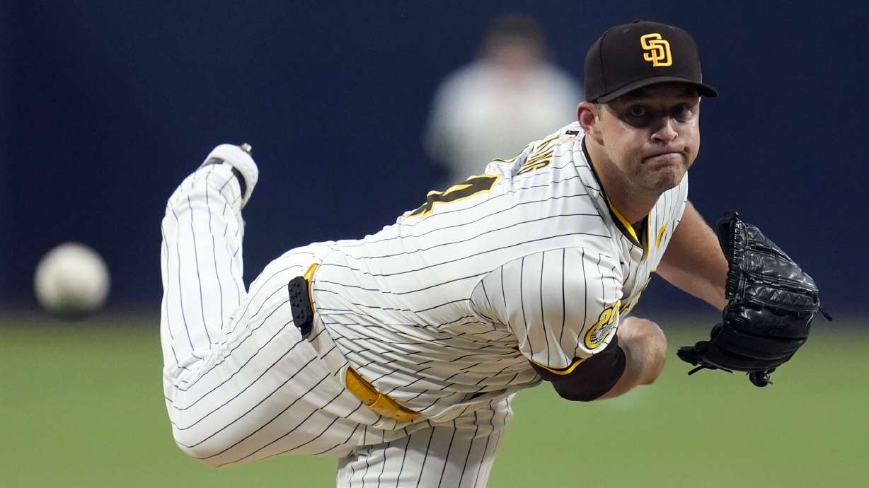 FILE - San Diego Padres starting pitcher Michael King works against a Houston Astros batter during the first inning of a baseball game Sept. 17, 2024, in San Diego.