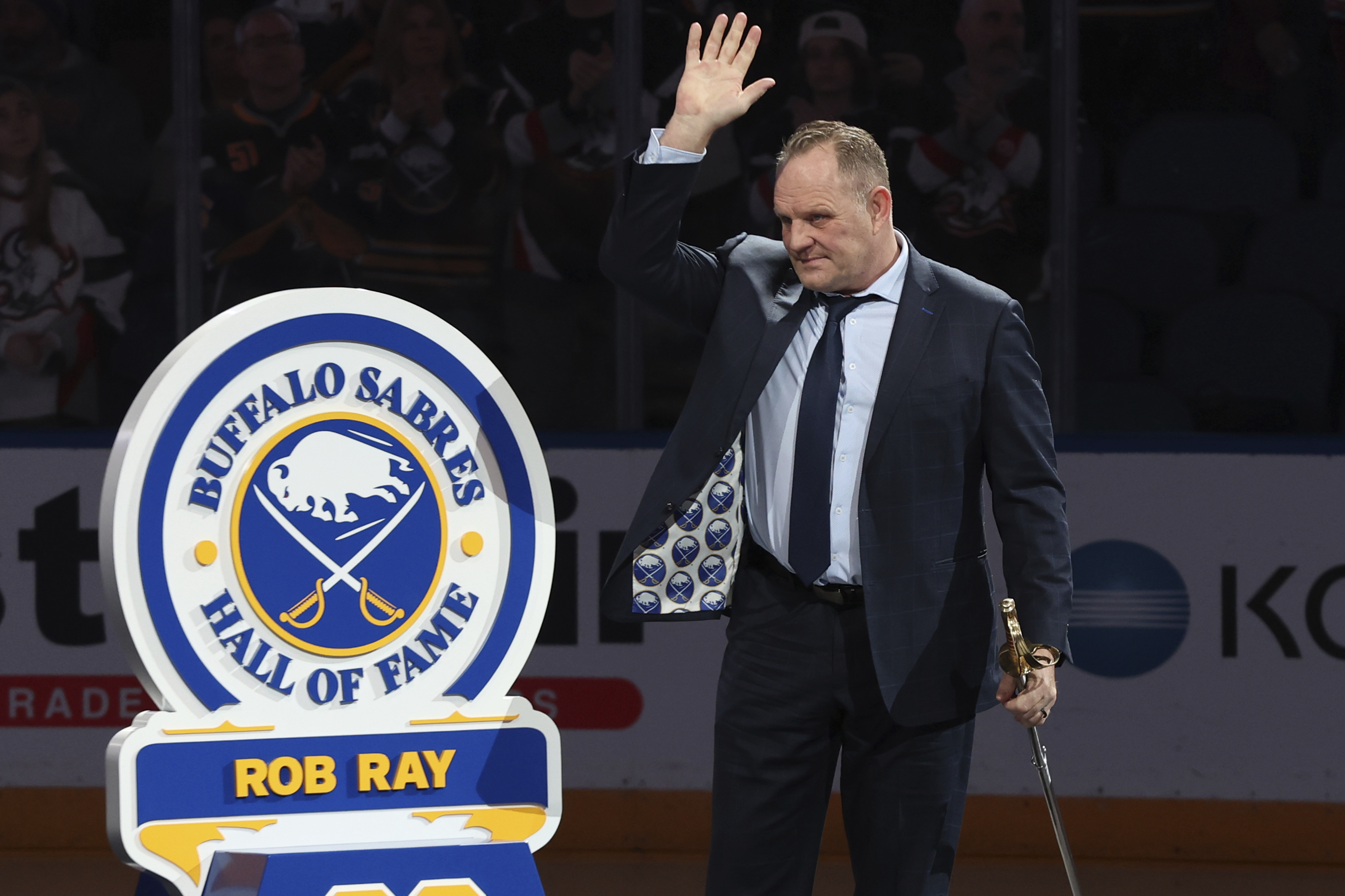 Buffalo Sabres alumni Rob Ray is inducted into the Buffalo Sabres Hall of Fame prior to an NHL hockey game against the Nashville Predators, Friday, Jan. 31, 2025, in Buffalo, N.Y. 
