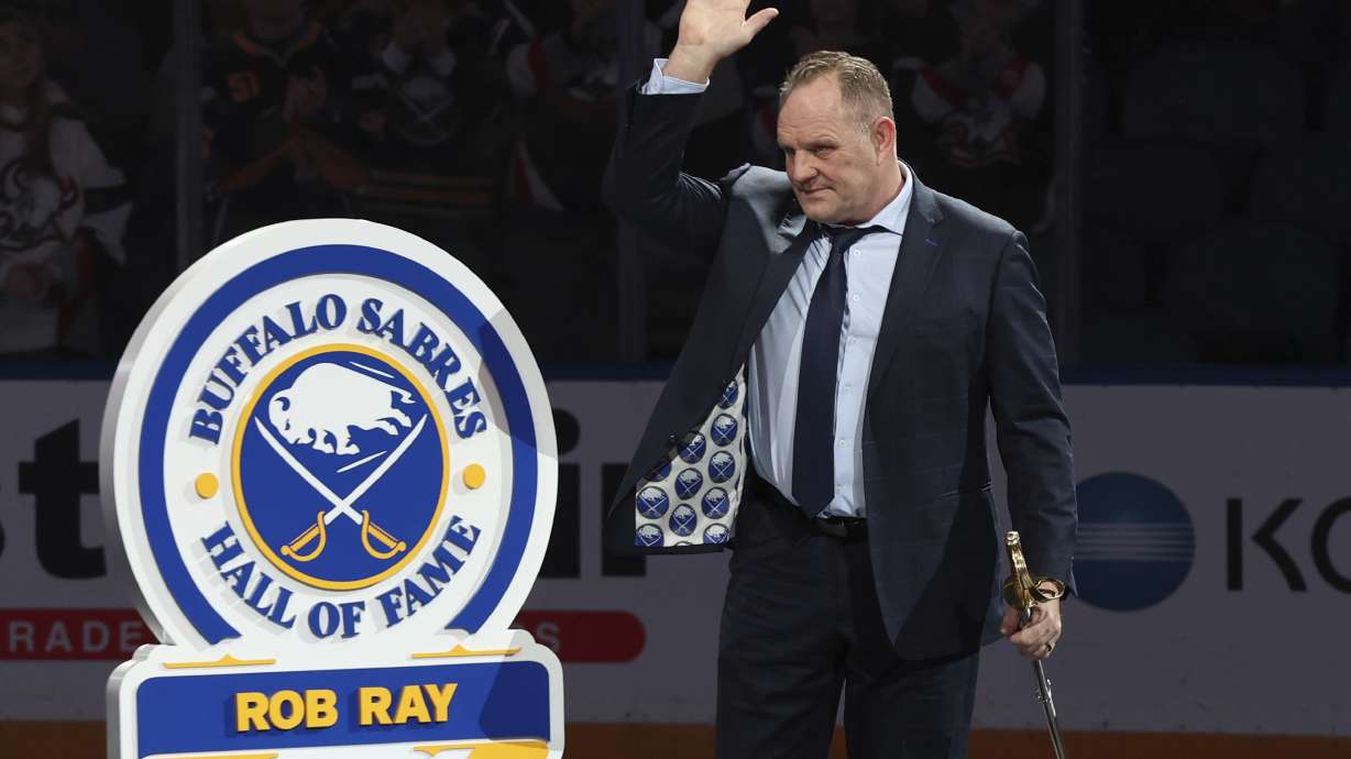 Buffalo Sabres alumni Rob Ray is inducted into the Buffalo Sabres Hall of Fame prior to an NHL hockey game against the Nashville Predators, Friday, Jan. 31, 2025, in Buffalo, N.Y.