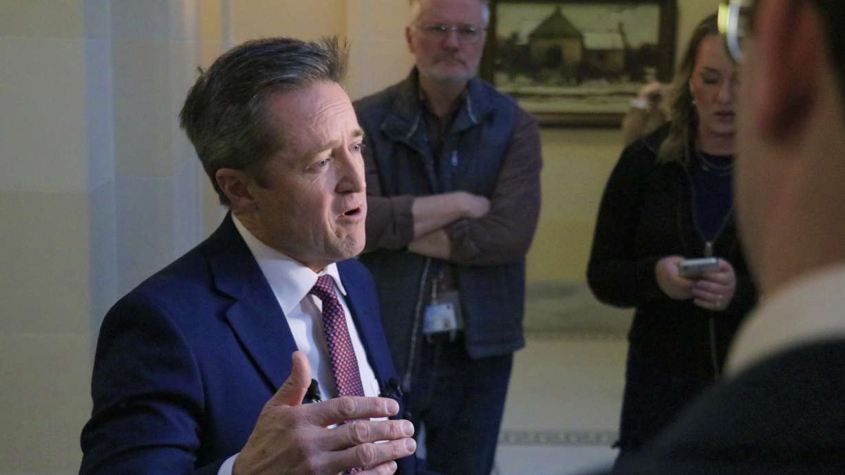 Utah Attorney General Derek Brown speaks to the media after a legislative audit presentation Friday on the attorney general's office at the state Capitol.