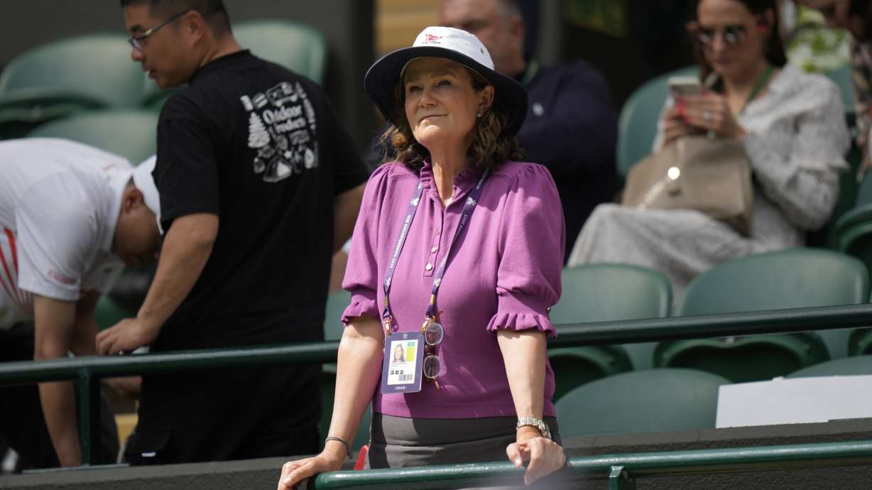 FILE - Pam Shriver is seen ahead of the women's singles match at the Wimbledon tennis championships in London, Thursday, July 6, 2023.