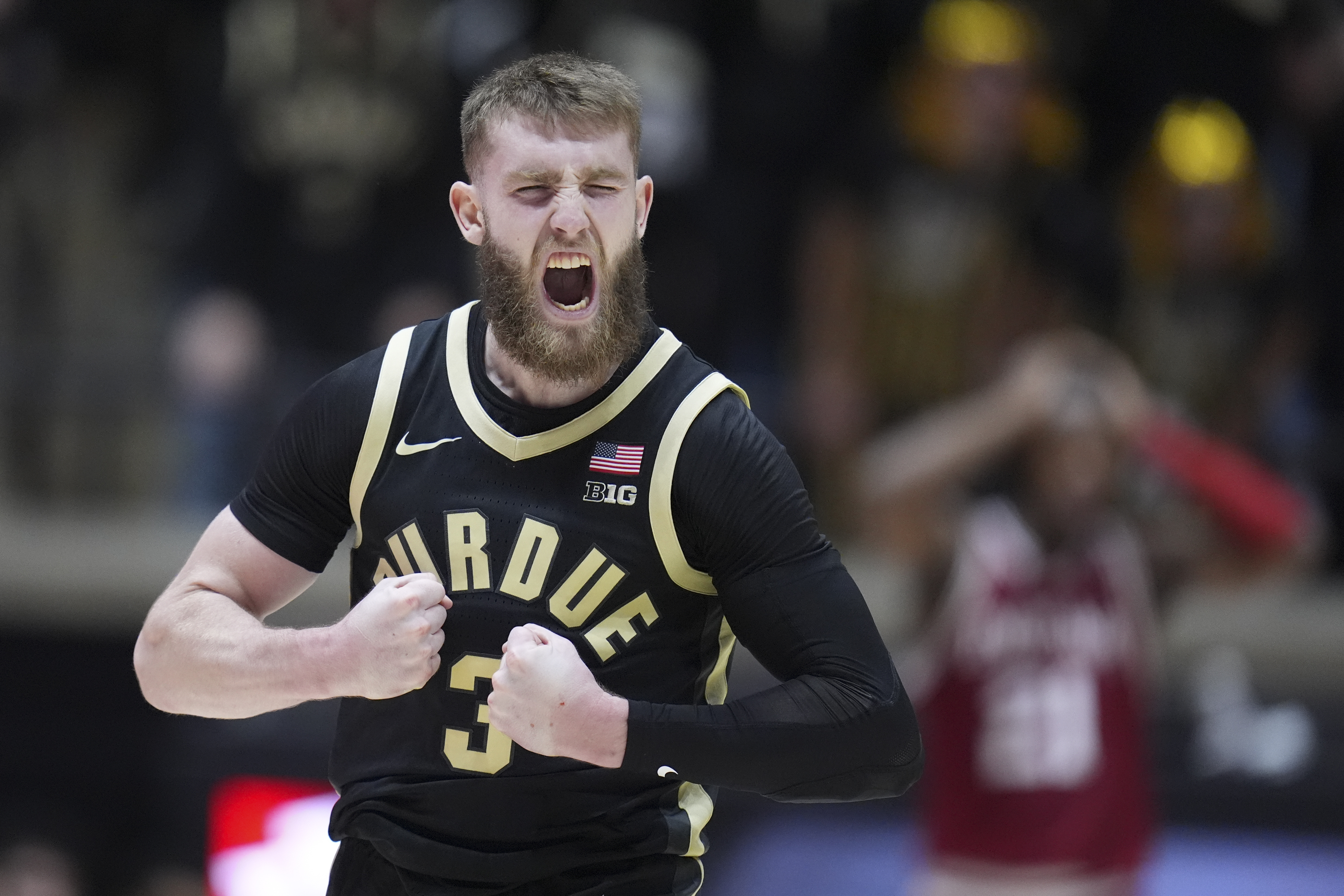 Purdue guard Braden Smith (3) celebrates after a basket during the second half of an NCAA college basketball game against Indiana in West Lafayette, Ind., Friday, Jan. 31, 2025. 