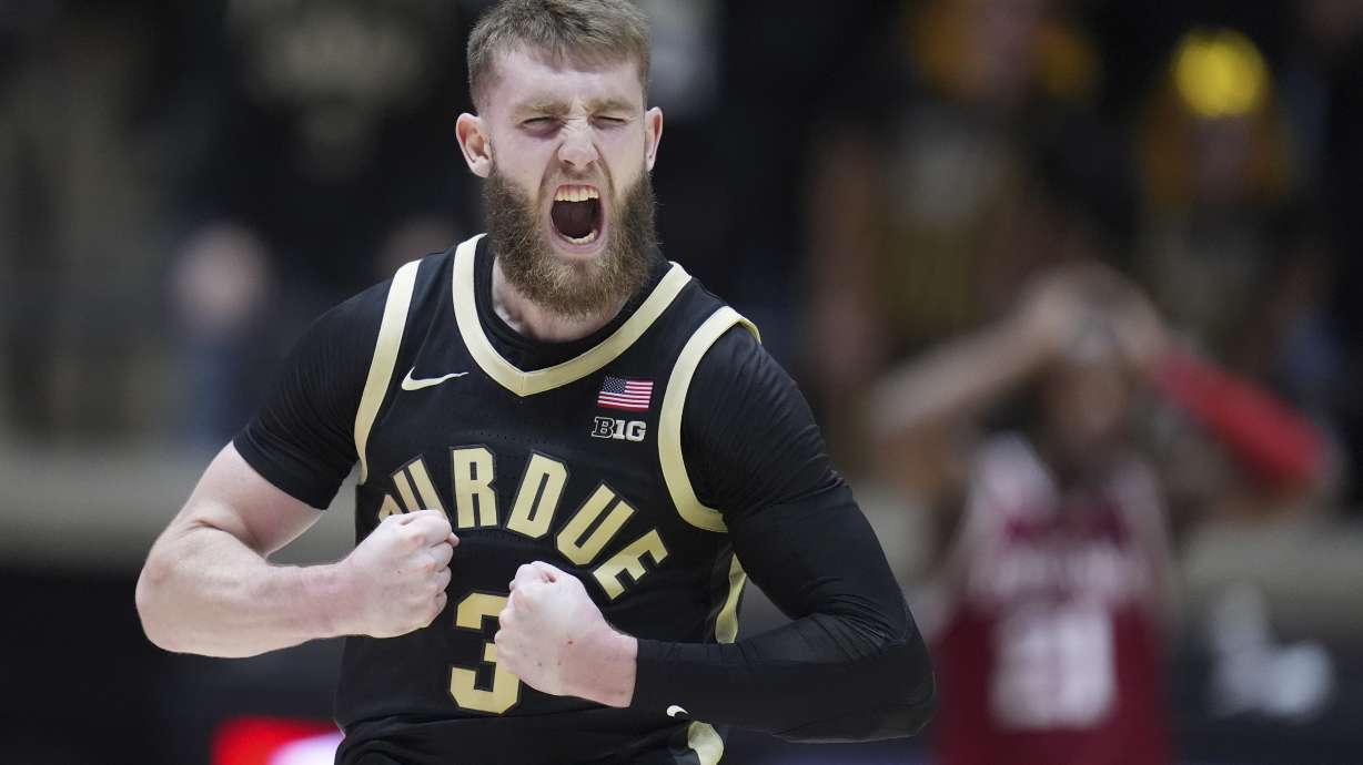 Purdue guard Braden Smith (3) celebrates after a basket during the second half of an NCAA college basketball game against Indiana in West Lafayette, Ind., Friday, Jan. 31, 2025.
