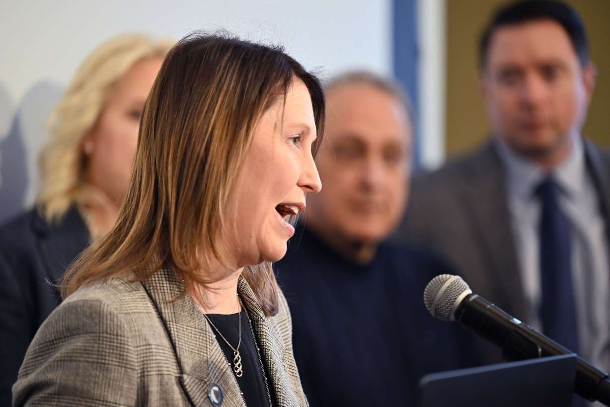 House Rules Vice Chair Rep. Karen M. Peterson, R-Clinton, speaks as the Utah House majority announces the 2025 policy priorities at a press conference at the Capitol in Salt Lake City on Jan. 13.