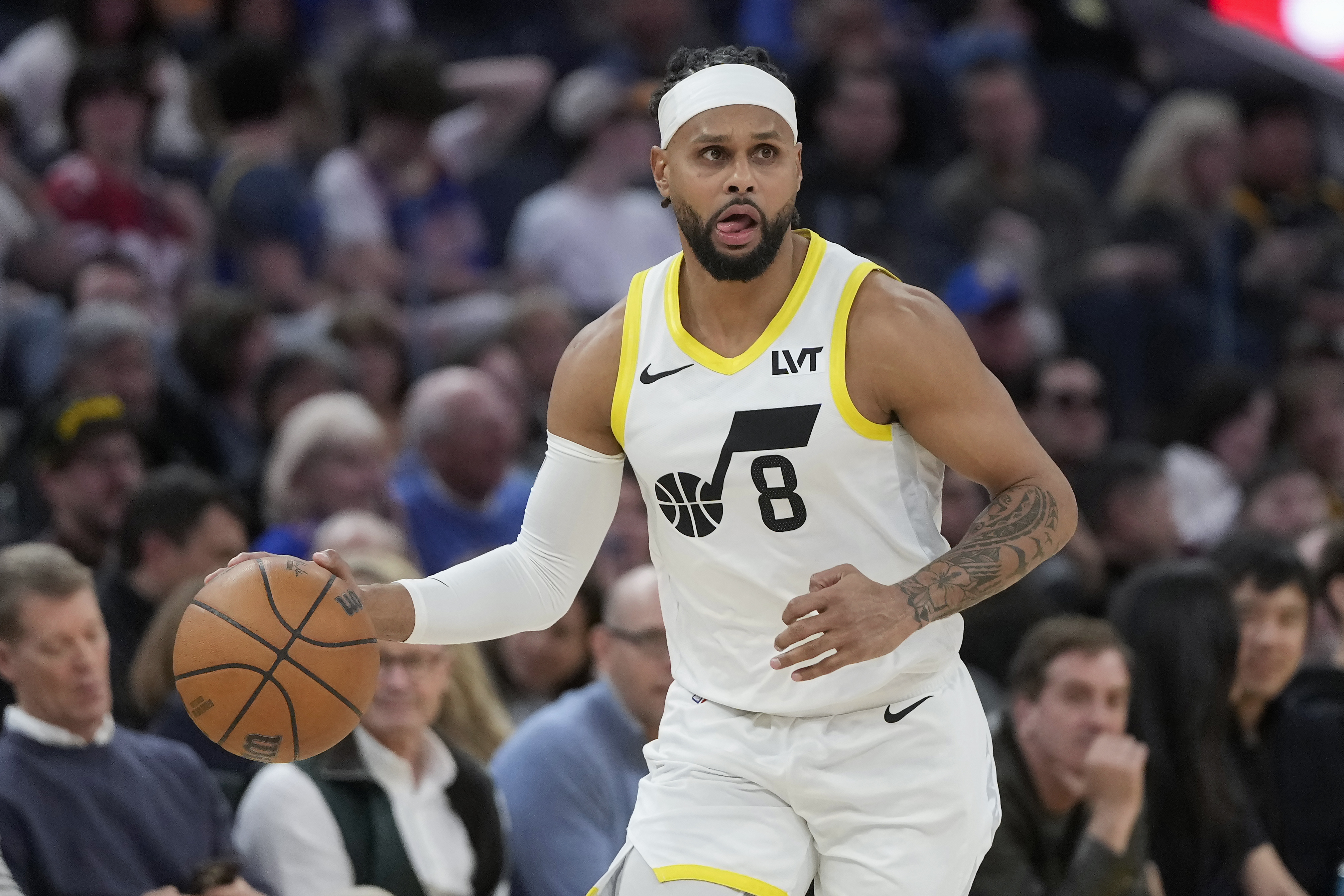 Utah Jazz guard Patty Mills brings the ball up the court against the Golden State Warriors during the second half of an NBA basketball game in San Francisco, Tuesday, Jan. 28, 2025. 