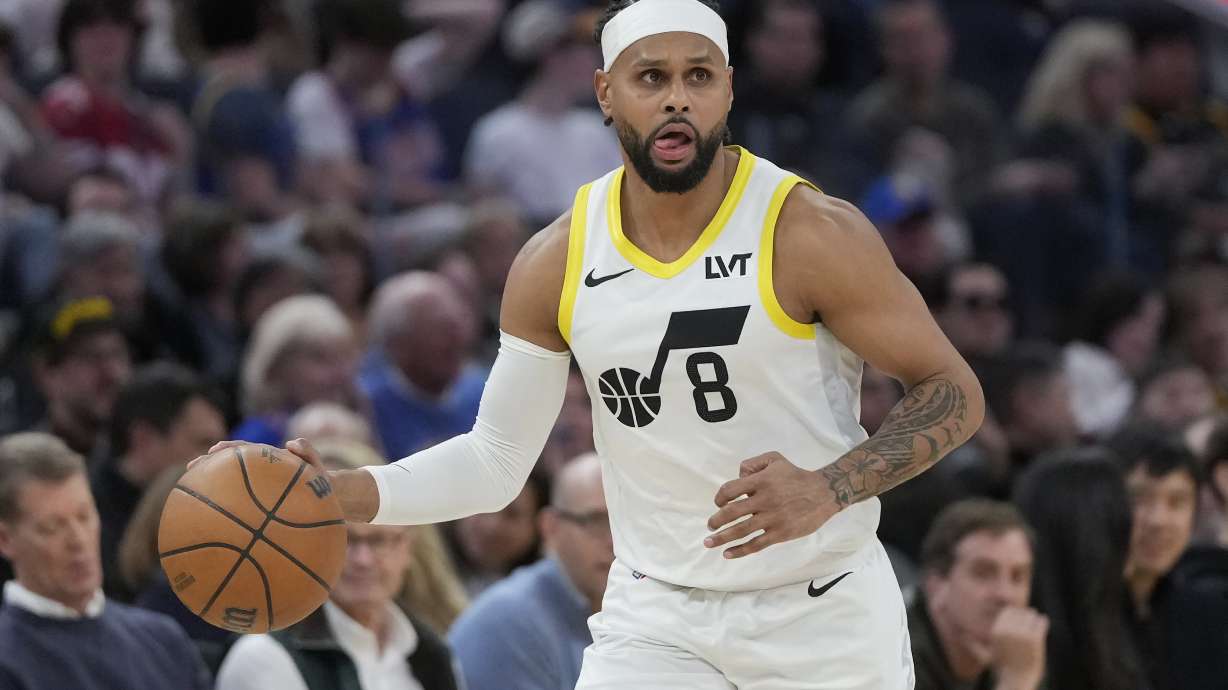 Utah Jazz guard Patty Mills brings the ball up the court against the Golden State Warriors during the second half of an NBA basketball game in San Francisco, Tuesday, Jan. 28, 2025.