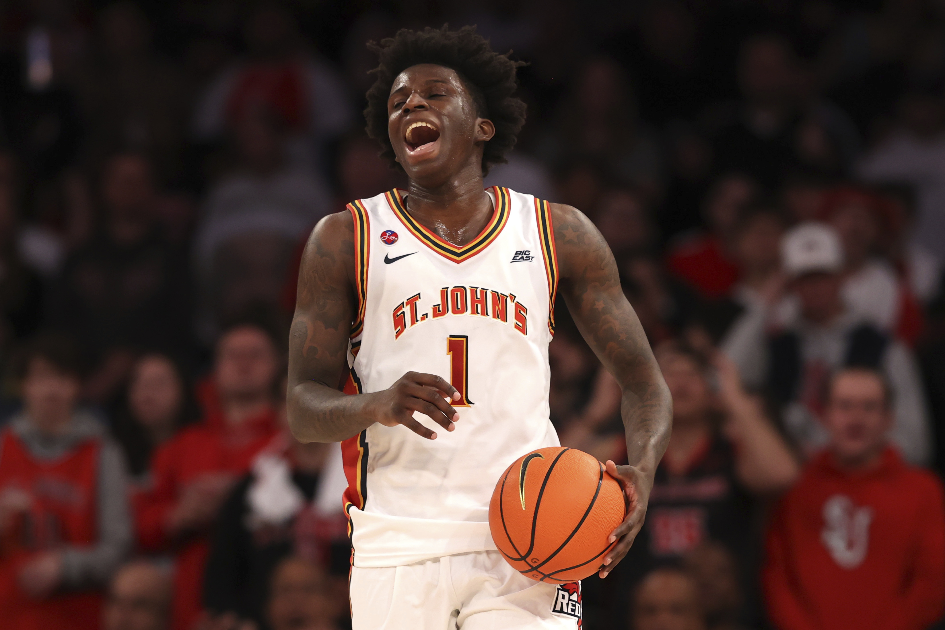 St. John's guard Kadary Richmond (1) dribbles the ball during the second half of an NCAA college basketball game against Providence Saturday, Feb. 1, 2025, in New York. 