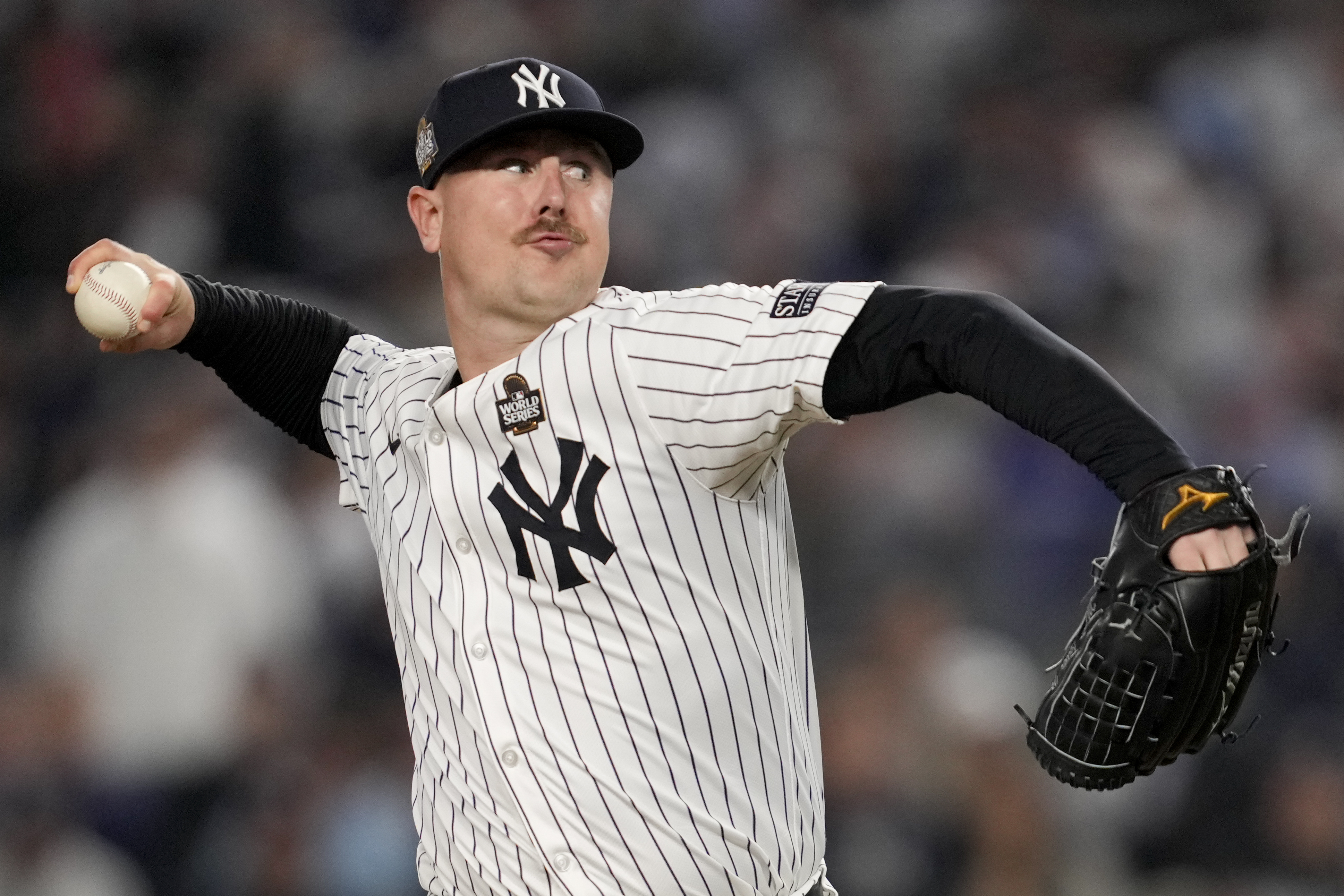 FILE - New York Yankees pitcher Mark Leiter Jr. throws against the Los Angeles Dodgers during the ninth inning in Game 5 of the baseball World Series, Oct. 30, 2024, in New York. 