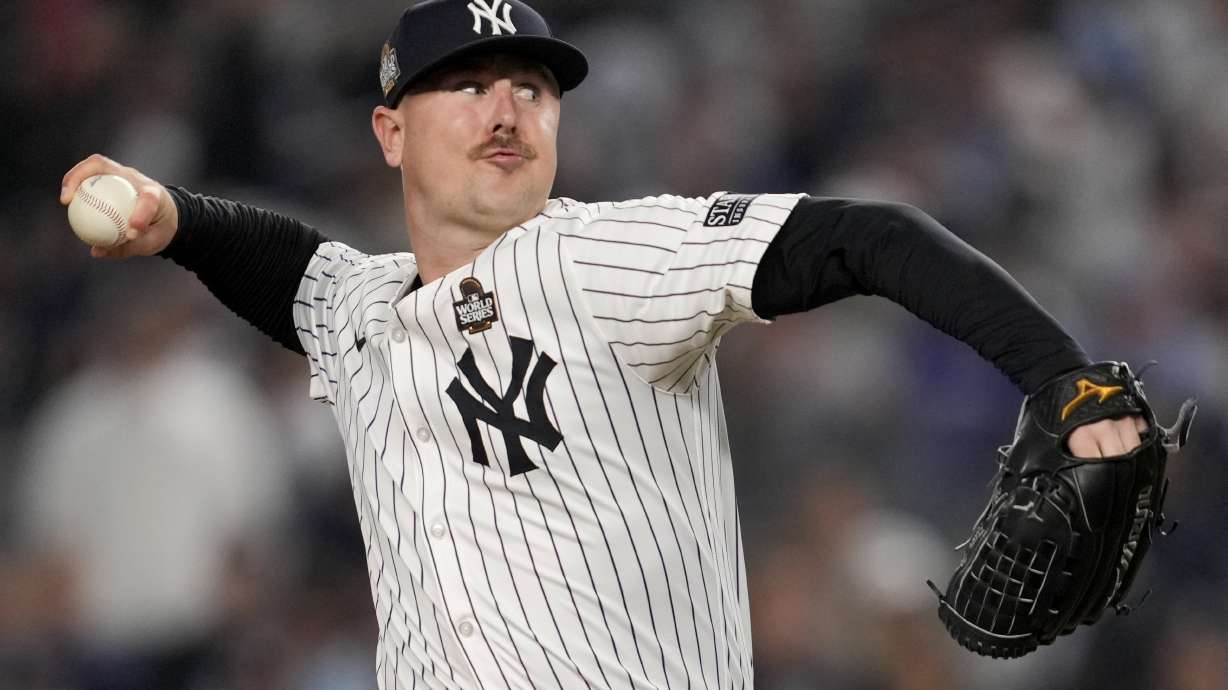 FILE - New York Yankees pitcher Mark Leiter Jr. throws against the Los Angeles Dodgers during the ninth inning in Game 5 of the baseball World Series, Oct. 30, 2024, in New York.